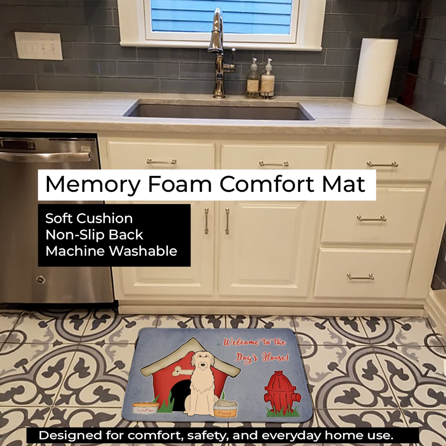 Dog House Collection Irish Wolfhound Memory Foam Kitchen Mat Machine Washable Anti-Fatigue Cushion Comfort Bath or Kitchen Rug