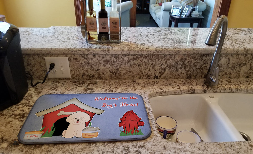 Dog House Collection Bichon Frise Dish Drying Mat Absorbent Dish Drying Mat Pad for Kitchen Counter Dish Drainer Mat for Countertop, 14 x 21", Multicolor