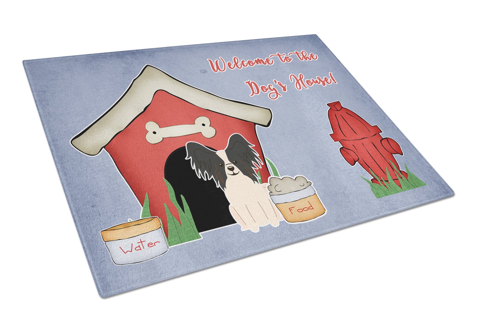 Dog House Collection Papillon Black White Cutting Board Tempered Glass Kitchen Cutting Surface, Heat Resistant Chopping, Non-Slip Feet, Food Prep & Serving
