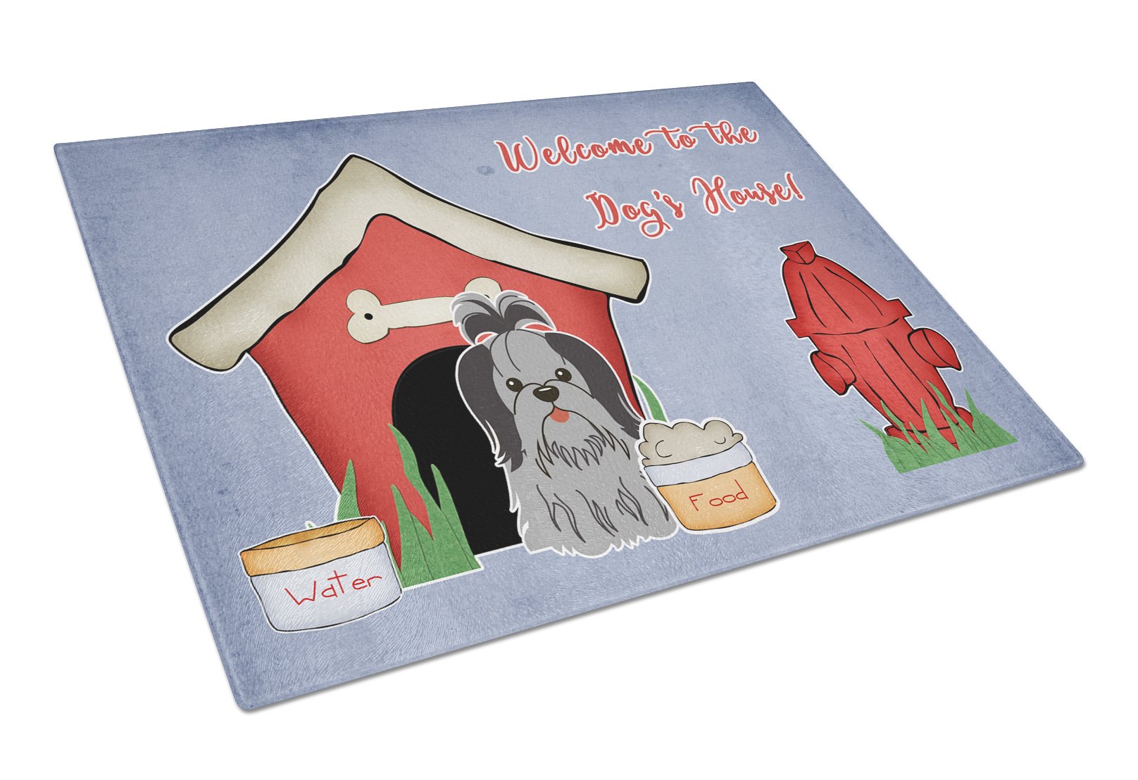 Dog House Collection Shih Tzu Black Silver Cutting Board Tempered Glass Kitchen Cutting Surface, Heat Resistant Chopping, Non-Slip Feet, Food Prep & Serving