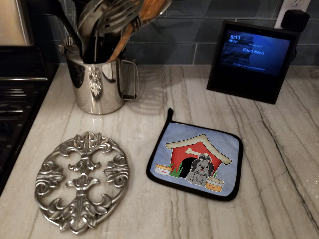 Dog House Collection Shih Tzu Black Silver Pot Holder Set of 2 Heat Resistant Quilted Hot Pads 7.5 x 7.5 Inch, Insulated Kitchen Trivets for Cooking & Baking