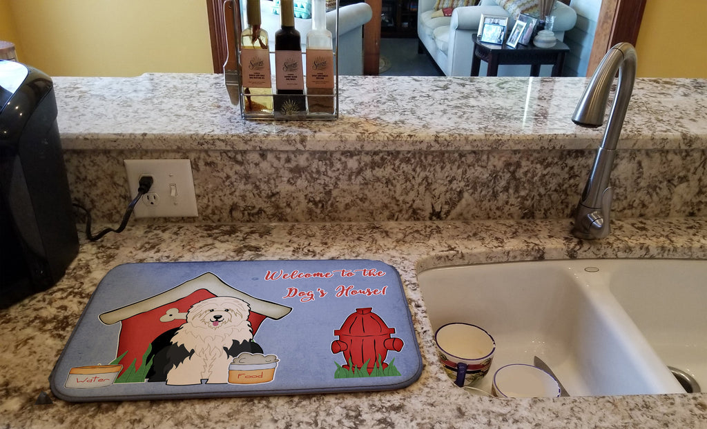 Dog House Collection Old English Sheepdog Dish Drying Mat Absorbent Dish Drying Mat Pad for Kitchen Counter Dish Drainer Mat for Countertop, 14 x 21", Multicolor