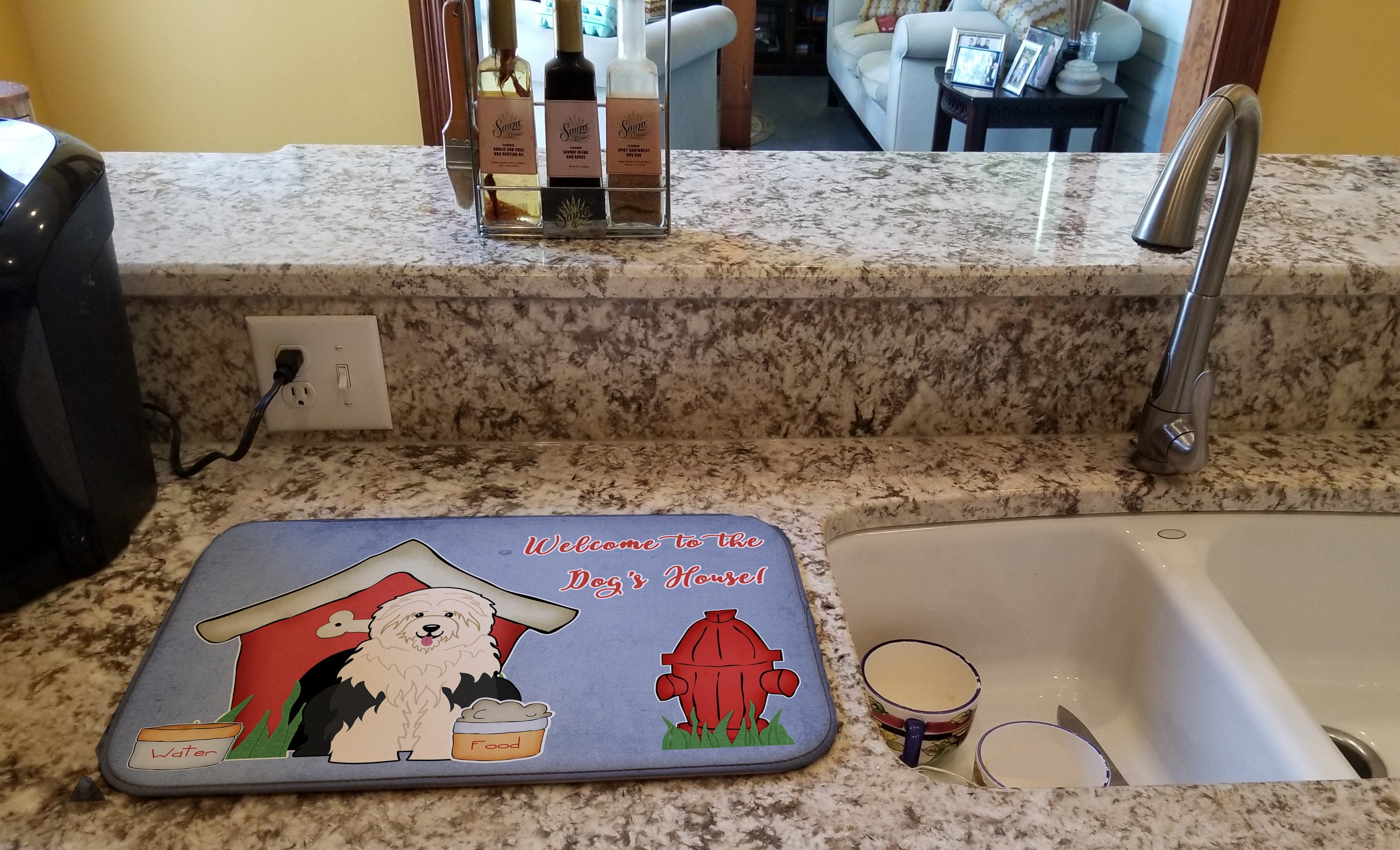 Dog House Collection Old English Sheepdog Dish Drying Mat Absorbent Dish Drying Mat Pad for Kitchen Counter Dish Drainer Mat for Countertop, 14 x 21", Multicolor