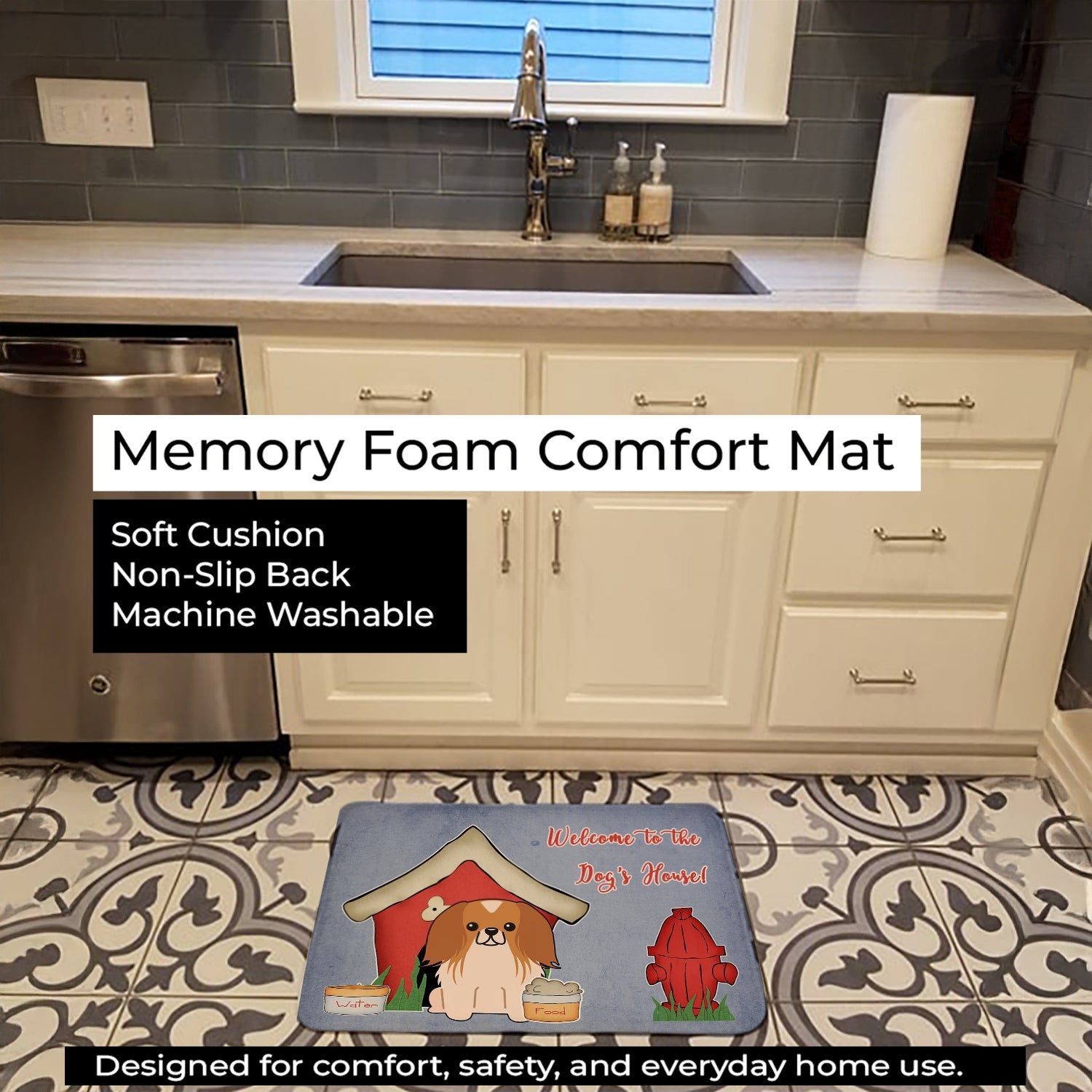 Dog House Collection Pekingese Red White Memory Foam Kitchen Mat Machine Washable Anti-Fatigue Cushion Comfort Bath or Kitchen Rug