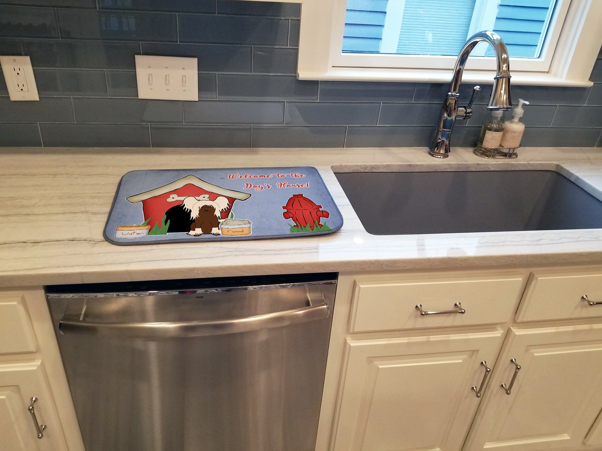 Dog House Collection Chinese Crested Cream Dish Drying Mat Absorbent Dish Drying Mat Pad for Kitchen Counter Dish Drainer Mat for Countertop, 14 x 21", Multicolor