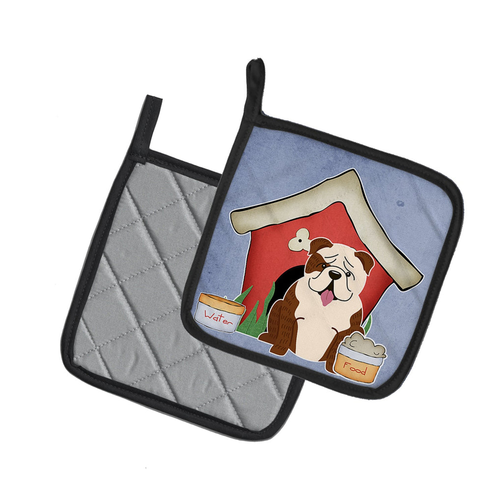 Dog House Collection English Bulldog Brindle White Pot Holder Set of 2 Heat Resistant Quilted Hot Pads 7.5 x 7.5 Inch, Insulated Kitchen Trivets for Cooking & Baking