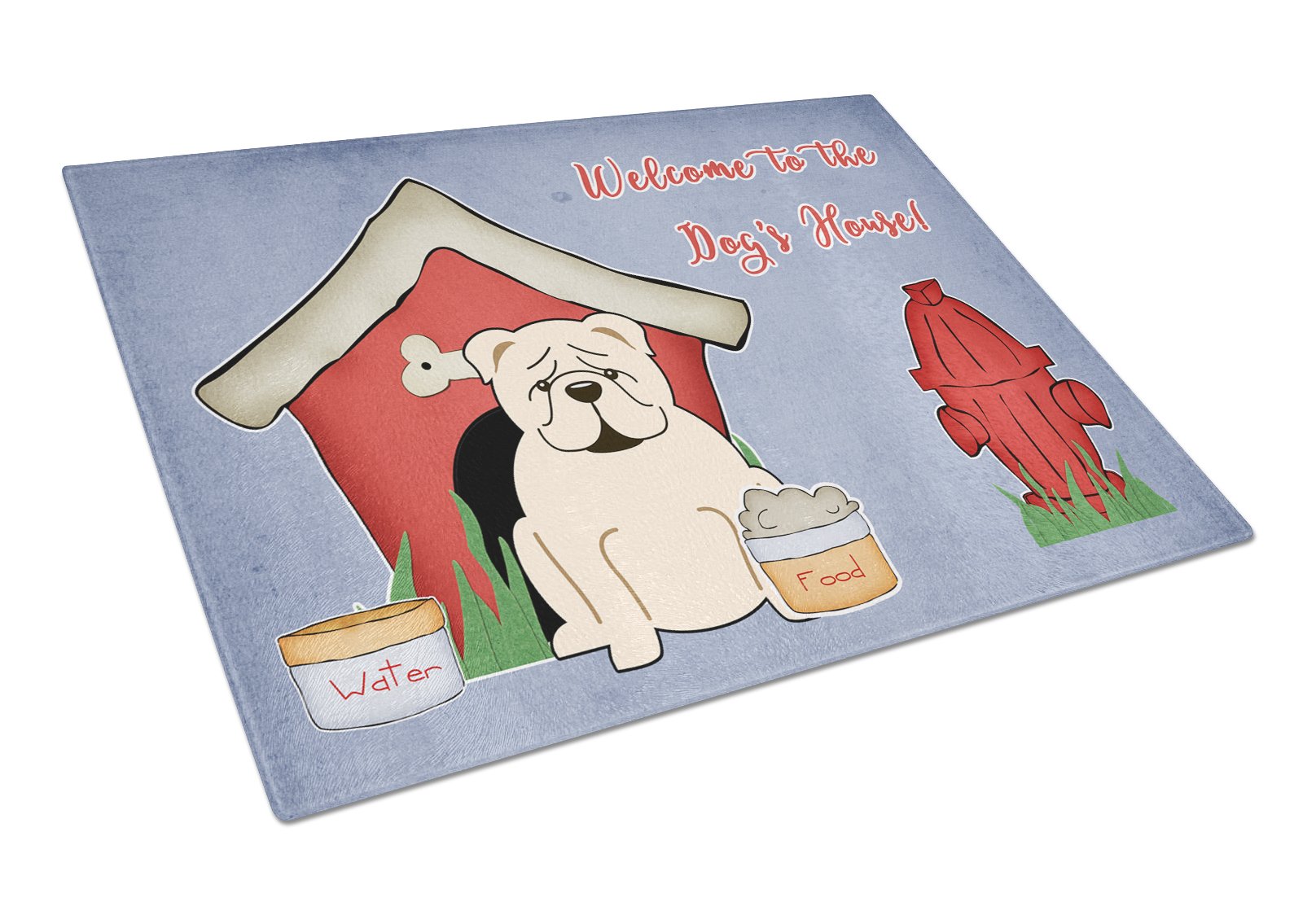 Dog House Collection English Bulldog White Cutting Board Tempered Glass Kitchen Cutting Surface, Heat Resistant Chopping, Non-Slip Feet, Food Prep & Serving