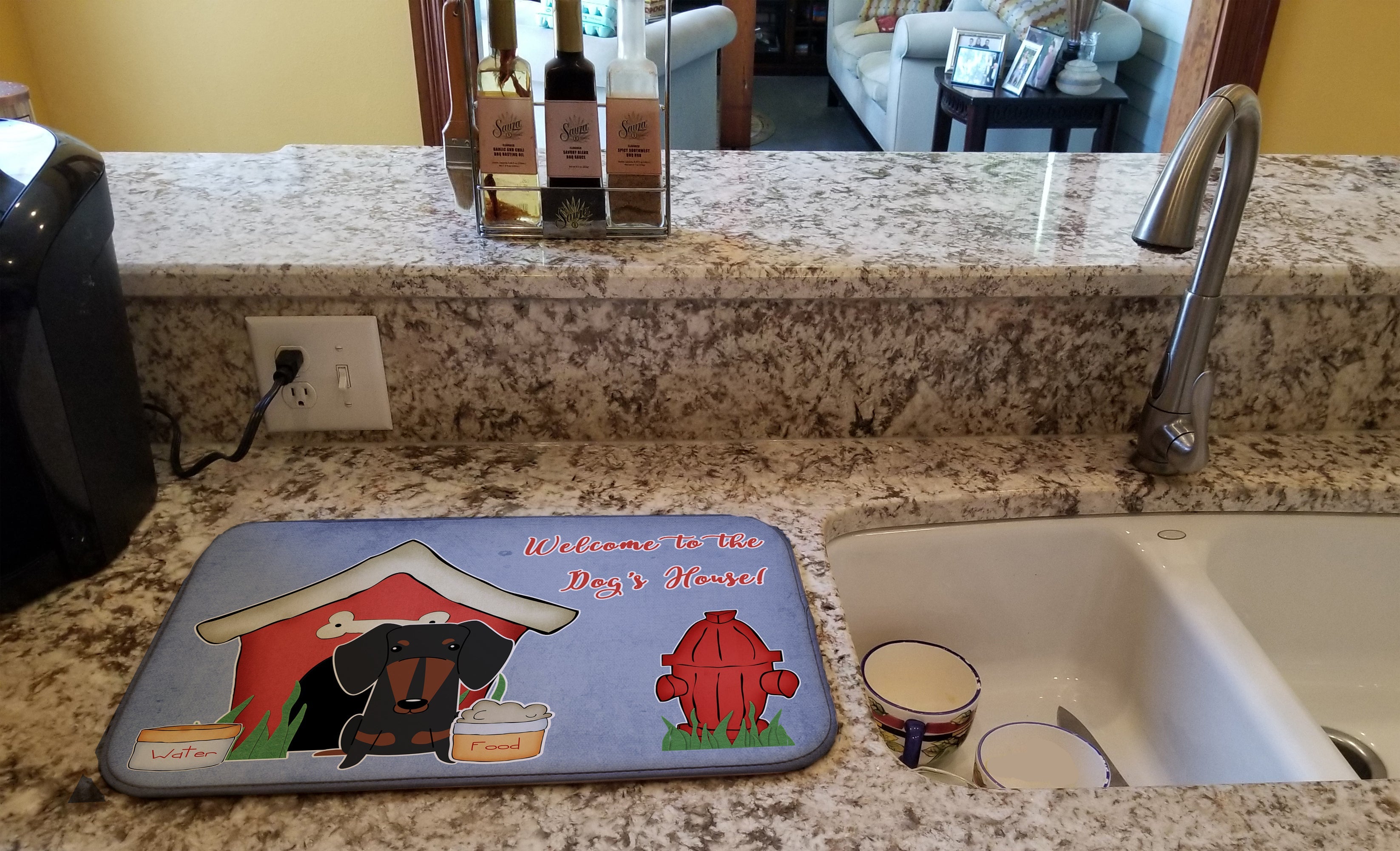 Dog House Collection Dachshund Black Tan Dish Drying Mat Absorbent Dish Drying Mat Pad for Kitchen Counter Dish Drainer Mat for Countertop, 14 x 21", Multicolor