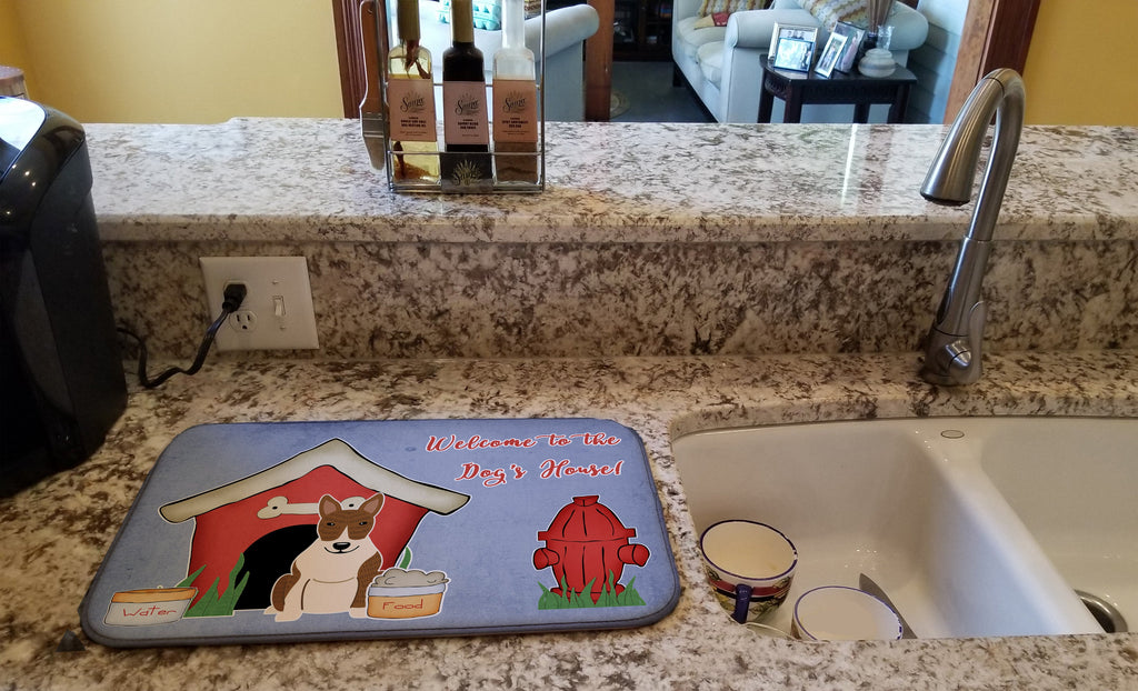 Dog House Collection Bull Terrier Brindle Dish Drying Mat Absorbent Dish Drying Mat Pad for Kitchen Counter Dish Drainer Mat for Countertop, 14 x 21", Multicolor