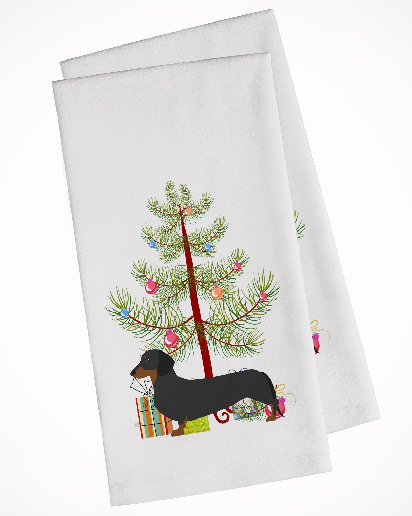 Dachshund Merry Christmas Tree Kitchen Towel Set of 2 White Dish Towels Decorative Bathroom Hand towel for Hand, Face, Hair, Yoga, Tea, Dishcloth, 19 X 28", White