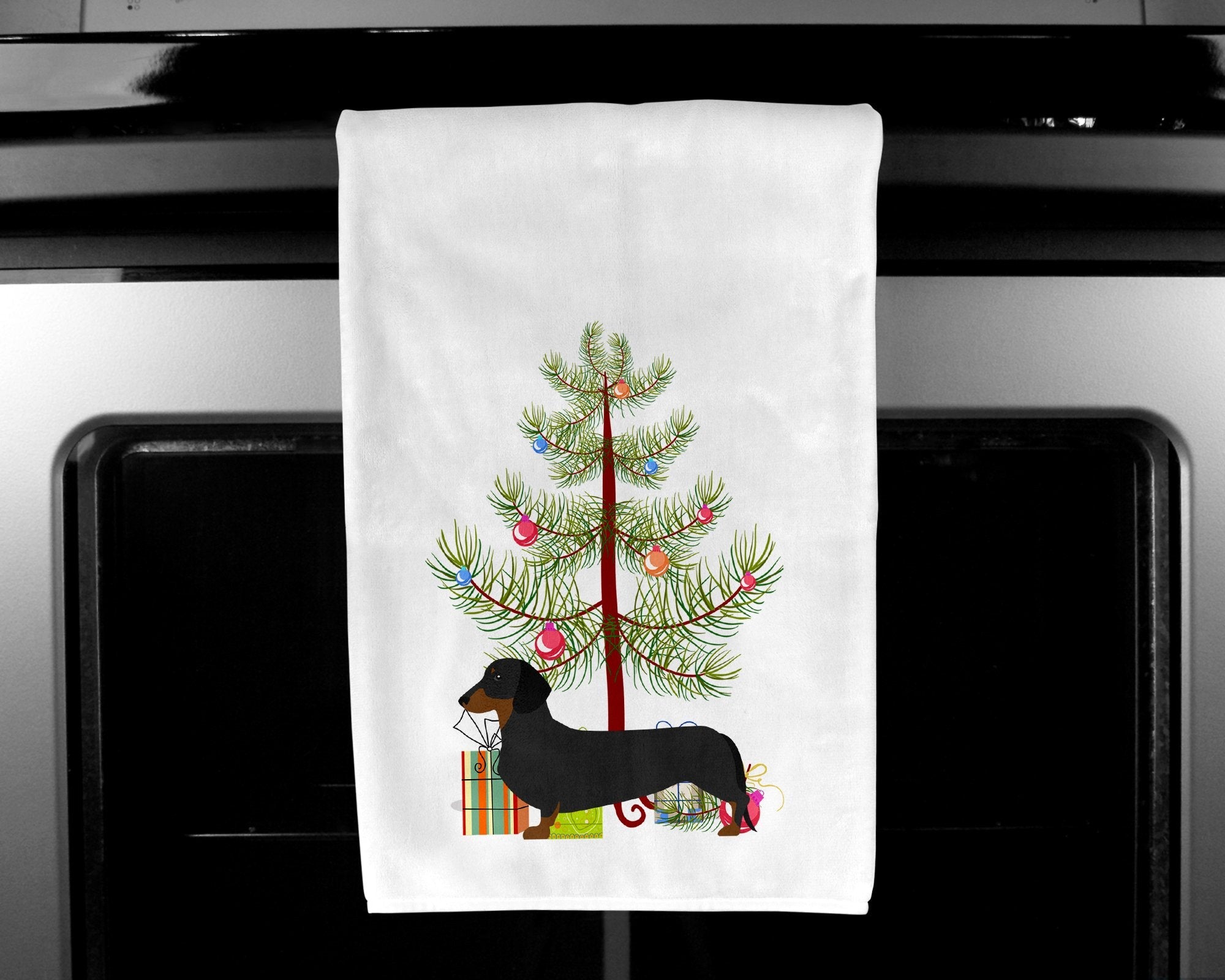 Dachshund Merry Christmas Tree Kitchen Towel Set of 2 White Dish Towels Decorative Bathroom Hand towel for Hand, Face, Hair, Yoga, Tea, Dishcloth, 19 X 28", White