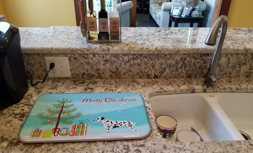 Dalmatian Merry Christmas Tree Dish Drying Mat Absorbent Dish Drying Mat Pad for Kitchen Counter Dish Drainer Mat for Countertop, 14 x 21", Multicolor