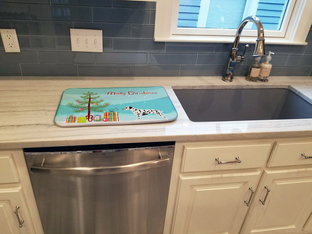Dalmatian Merry Christmas Tree Dish Drying Mat Absorbent Dish Drying Mat Pad for Kitchen Counter Dish Drainer Mat for Countertop, 14 x 21", Multicolor