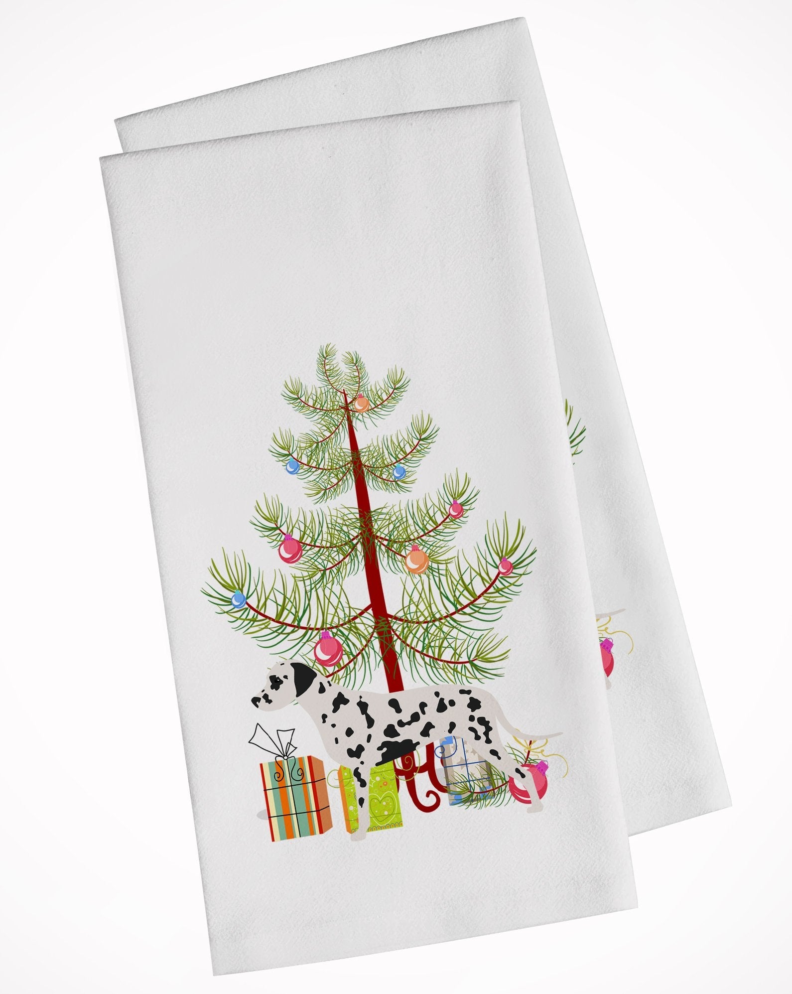 Dalmatian Merry Christmas Tree Kitchen Towel Set of 2 White Dish Towels Decorative Bathroom Hand towel for Hand, Face, Hair, Yoga, Tea, Dishcloth, 19 X 28", White