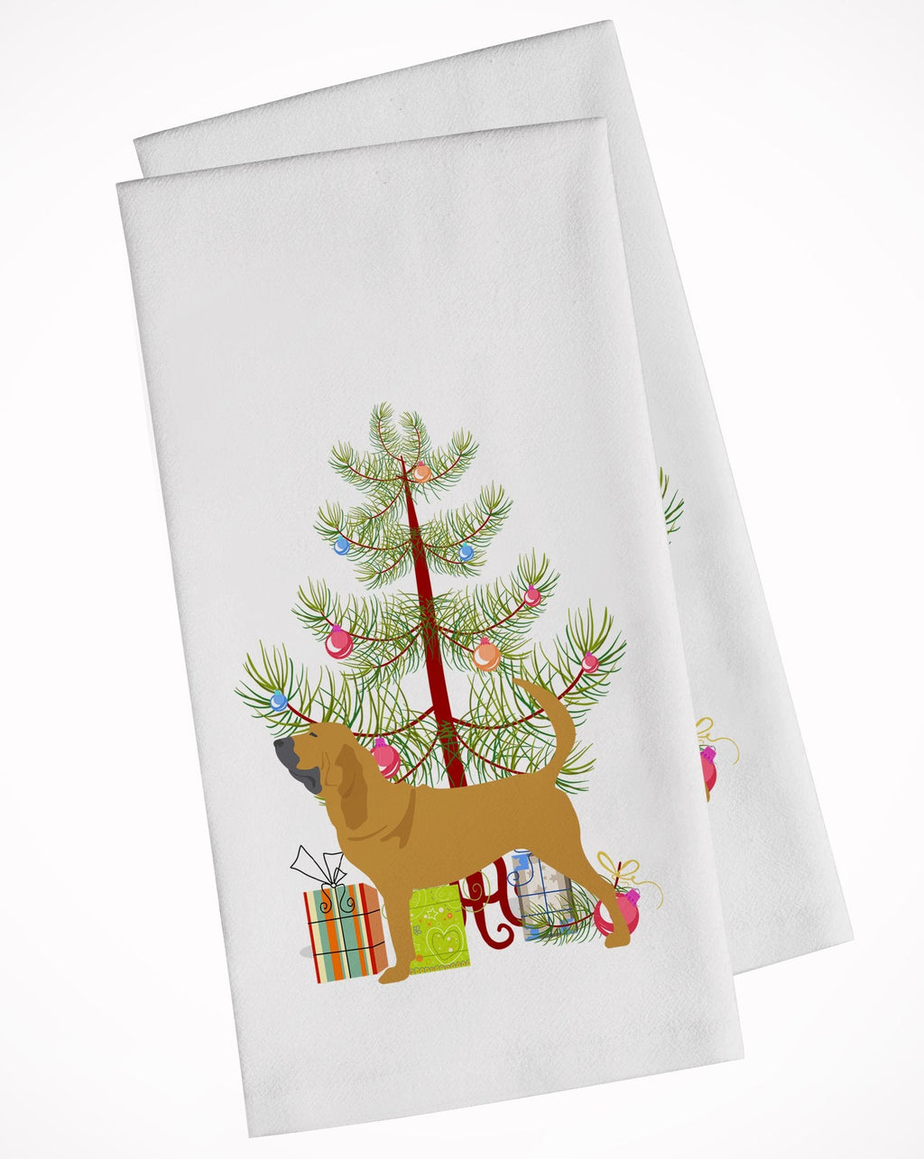 Bloodhound Merry Christmas Tree Kitchen Towel Set of 2 White Dish Towels Decorative Bathroom Hand towel for Hand, Face, Hair, Yoga, Tea, Dishcloth, 19 X 28", White