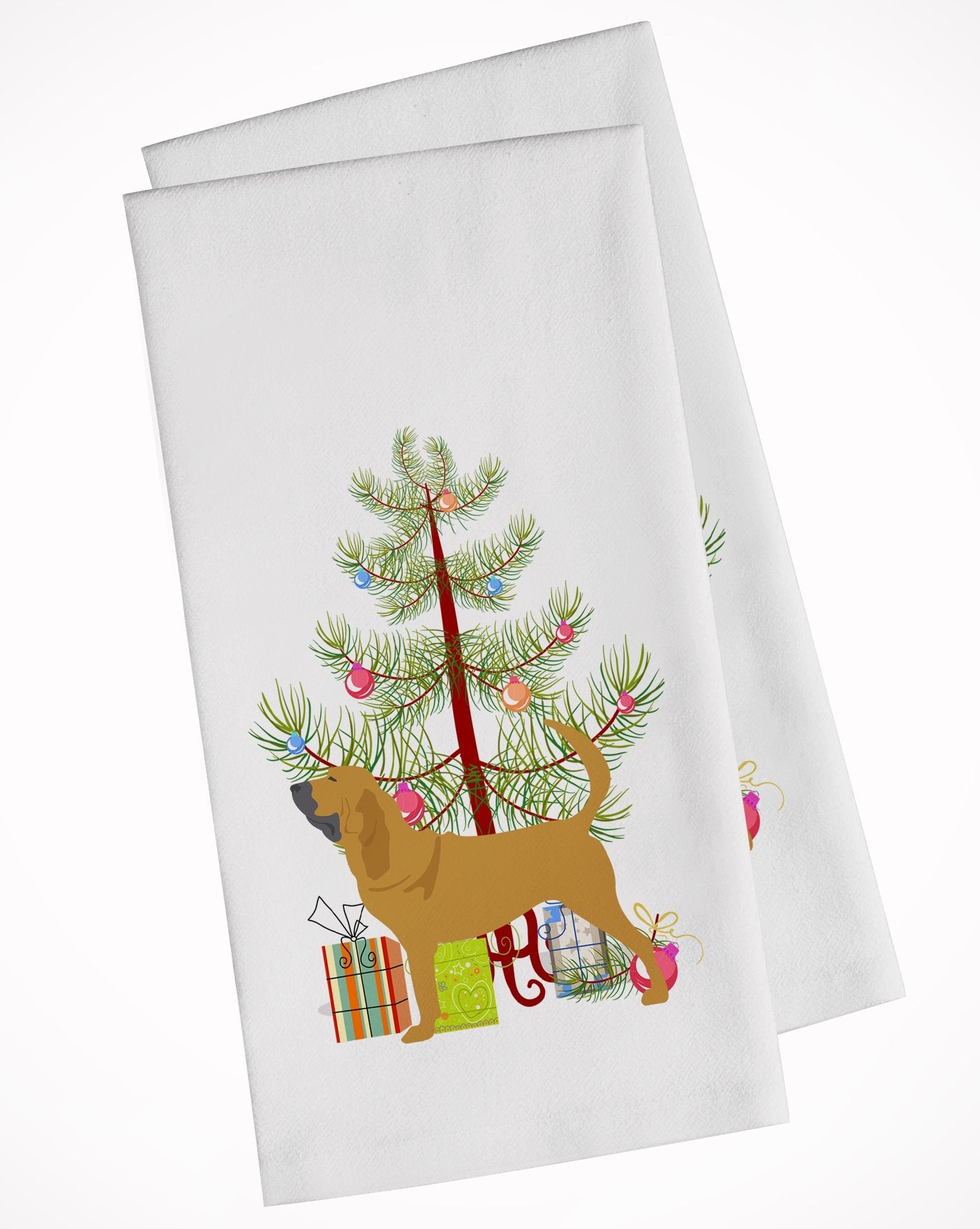 Bloodhound Merry Christmas Tree Kitchen Towel Set of 2 White Dish Towels Decorative Bathroom Hand towel for Hand, Face, Hair, Yoga, Tea, Dishcloth, 19 X 28", White