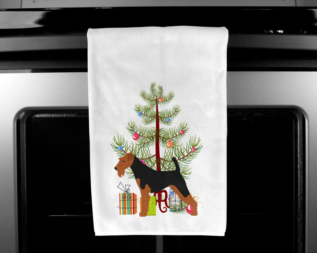 Welsh Terrier Merry Christmas Tree Kitchen Towel Set of 2 White Dish Towels Decorative Bathroom Hand towel for Hand, Face, Hair, Yoga, Tea, Dishcloth, 19 X 28", White