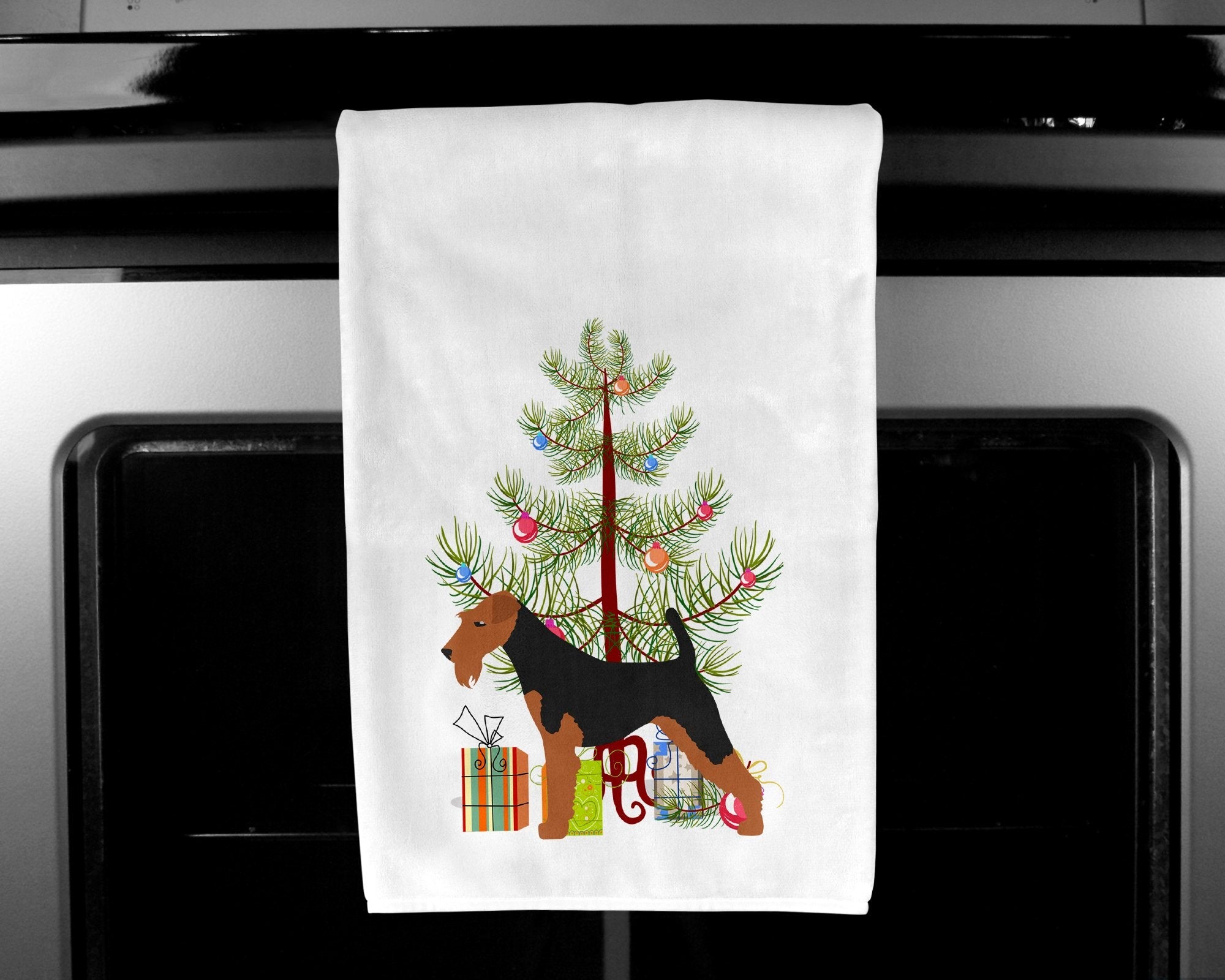 Welsh Terrier Merry Christmas Tree Kitchen Towel Set of 2 White Dish Towels Decorative Bathroom Hand towel for Hand, Face, Hair, Yoga, Tea, Dishcloth, 19 X 28", White
