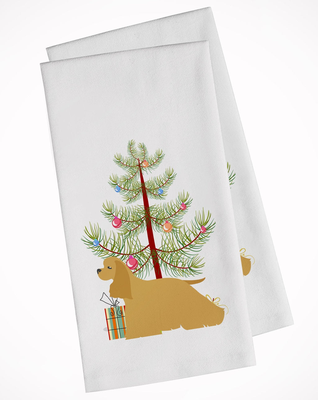 Cocker Spaniel Merry Christmas Tree Kitchen Towel Set of 2 White Dish Towels Decorative Bathroom Hand towel for Hand, Face, Hair, Yoga, Tea, Dishcloth, 19 X 28", White