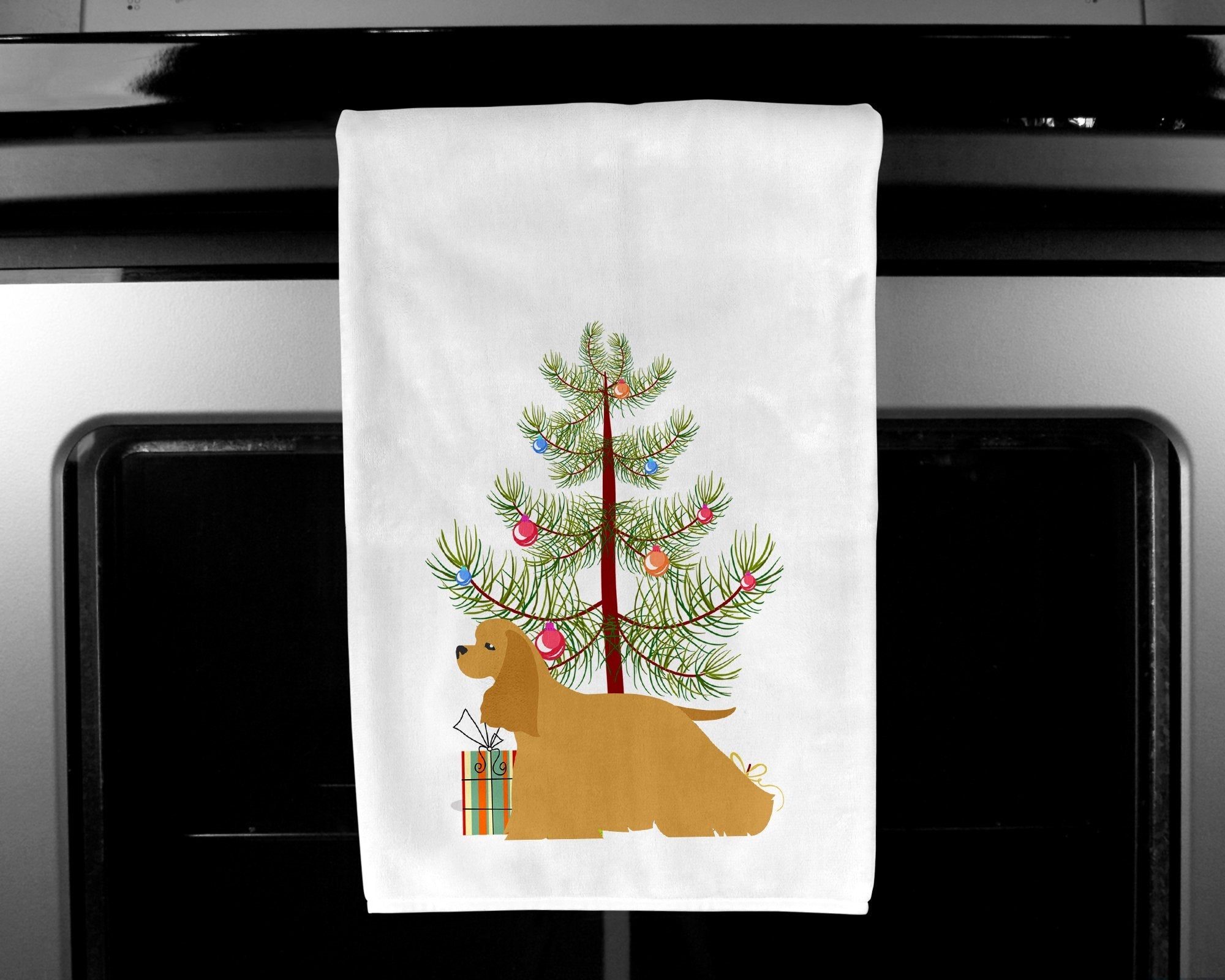 Cocker Spaniel Merry Christmas Tree Kitchen Towel Set of 2 White Dish Towels Decorative Bathroom Hand towel for Hand, Face, Hair, Yoga, Tea, Dishcloth, 19 X 28", White