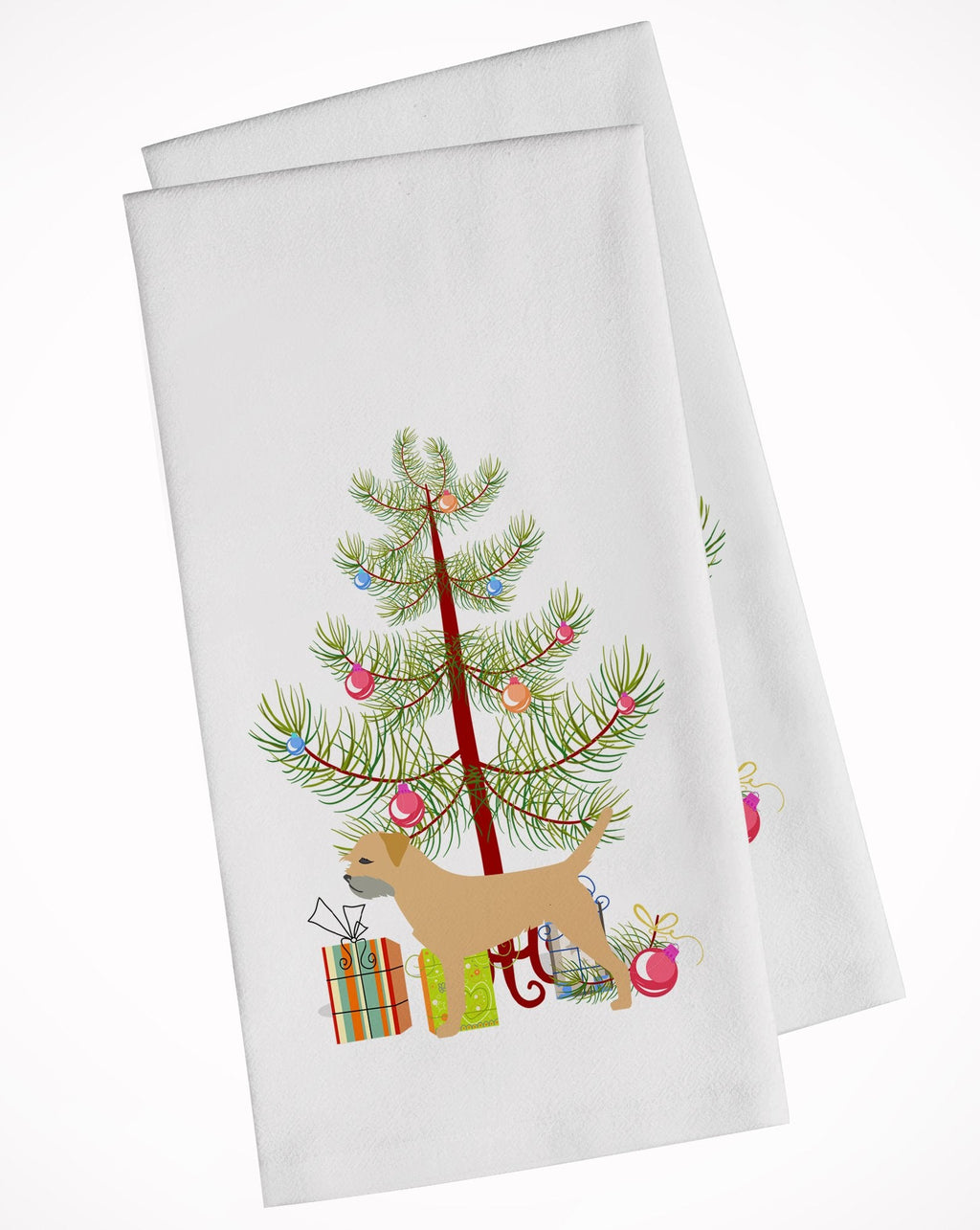Border Terrier Merry Christmas Tree Kitchen Towel Set of 2 White Dish Towels Decorative Bathroom Hand towel for Hand, Face, Hair, Yoga, Tea, Dishcloth, 19 X 28", White