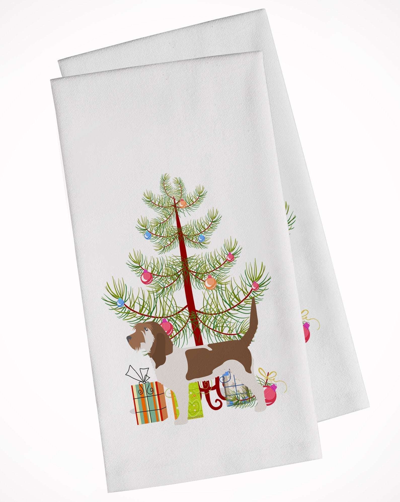 Grand Basset Griffon Vendeen Merry Christmas Tree Kitchen Towel Set of 2 White Dish Towels Decorative Bathroom Hand towel for Hand, Face, Hair, Yoga, Tea, Dishcloth, 19 X 28", White