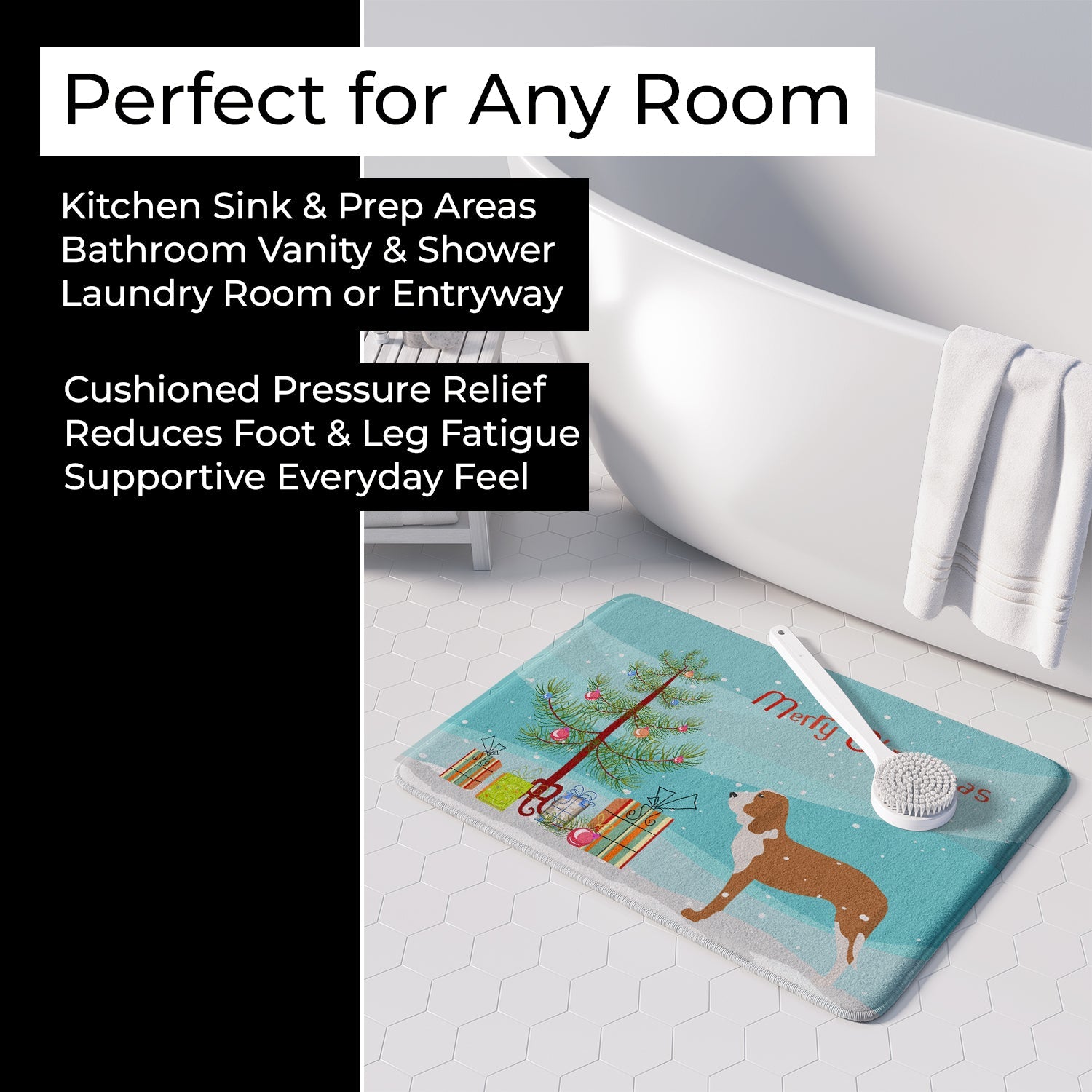 Spanish Hound Merry Christmas Tree Memory Foam Kitchen Mat Machine Washable Anti-Fatigue Cushion Comfort Bath or Kitchen Rug