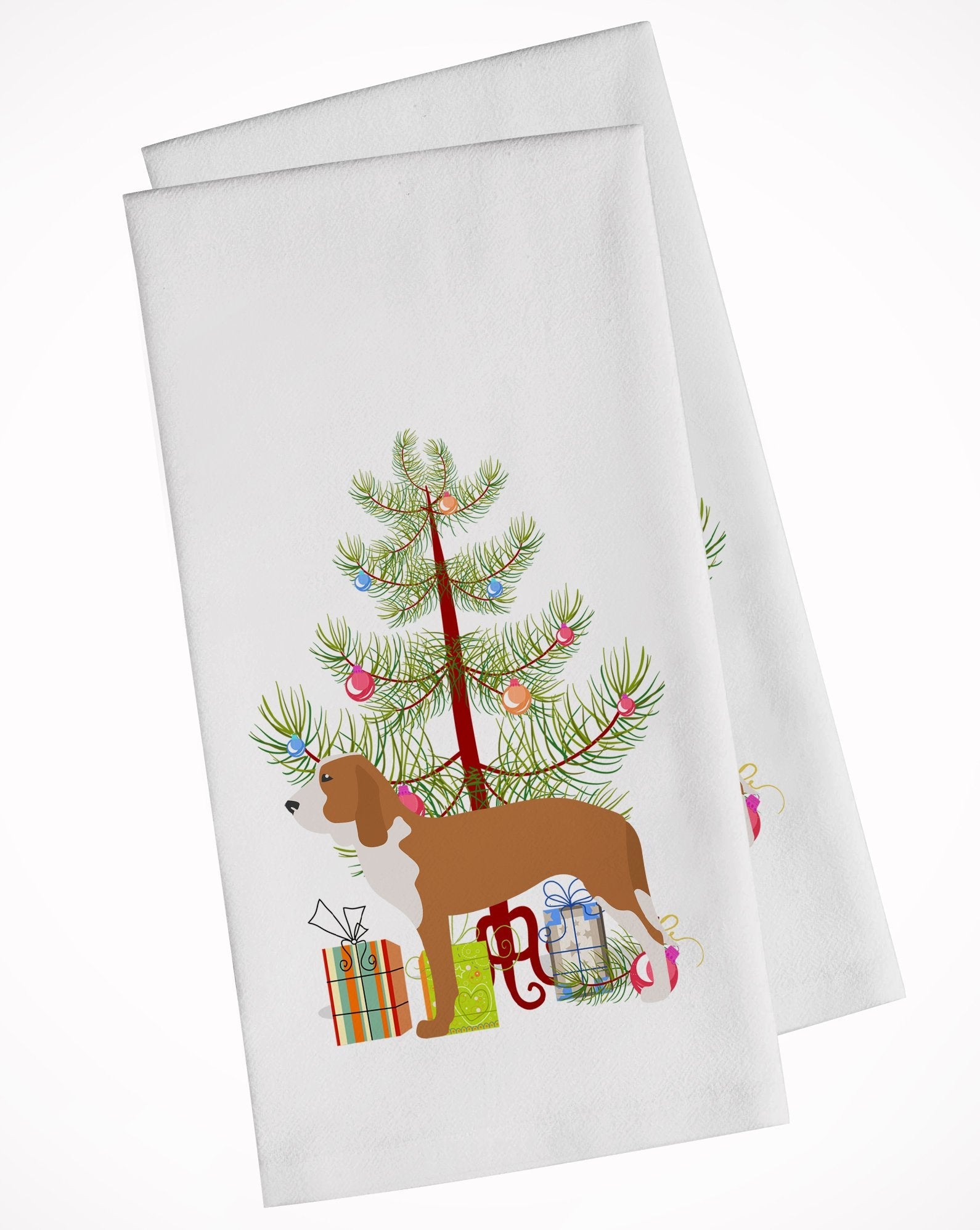 Spanish Hound Merry Christmas Tree Kitchen Towel Set of 2 White Dish Towels Decorative Bathroom Hand towel for Hand, Face, Hair, Yoga, Tea, Dishcloth, 19 X 28", White