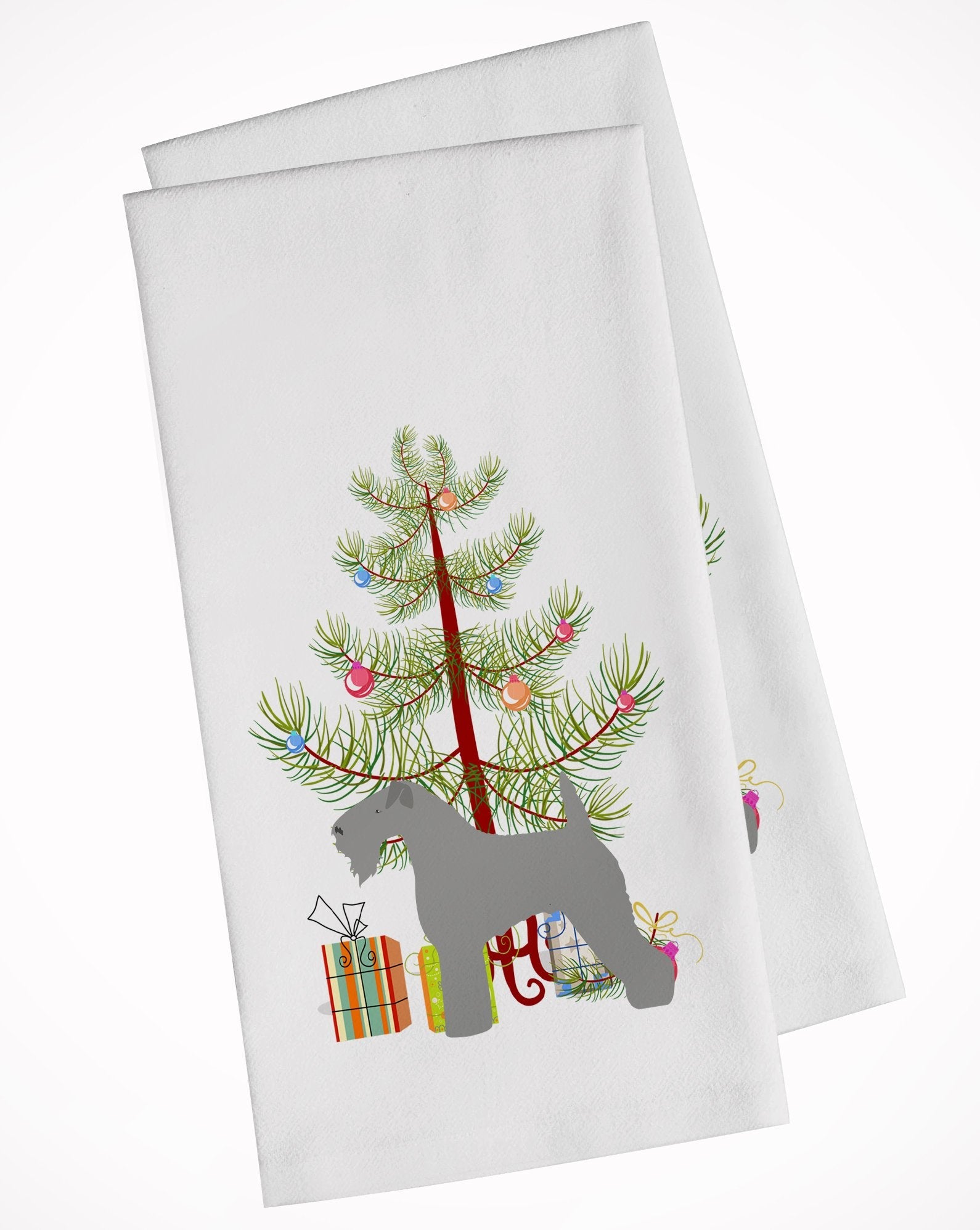 Kerry Blue Terrier Merry Christmas Tree Kitchen Towel Set of 2 White Dish Towels Decorative Bathroom Hand towel for Hand, Face, Hair, Yoga, Tea, Dishcloth, 19 X 28", White