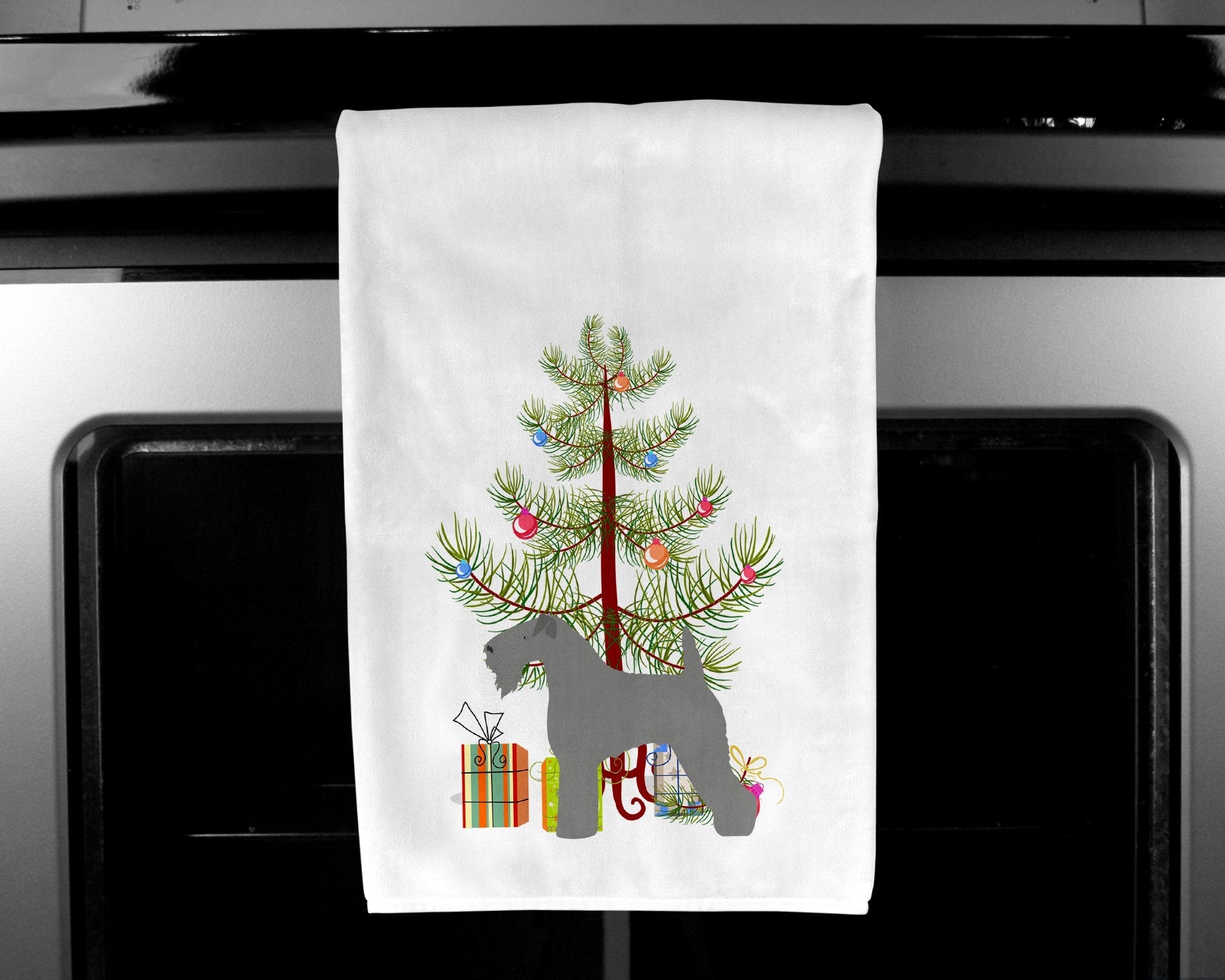 Kerry Blue Terrier Merry Christmas Tree Kitchen Towel Set of 2 White Dish Towels Decorative Bathroom Hand towel for Hand, Face, Hair, Yoga, Tea, Dishcloth, 19 X 28", White