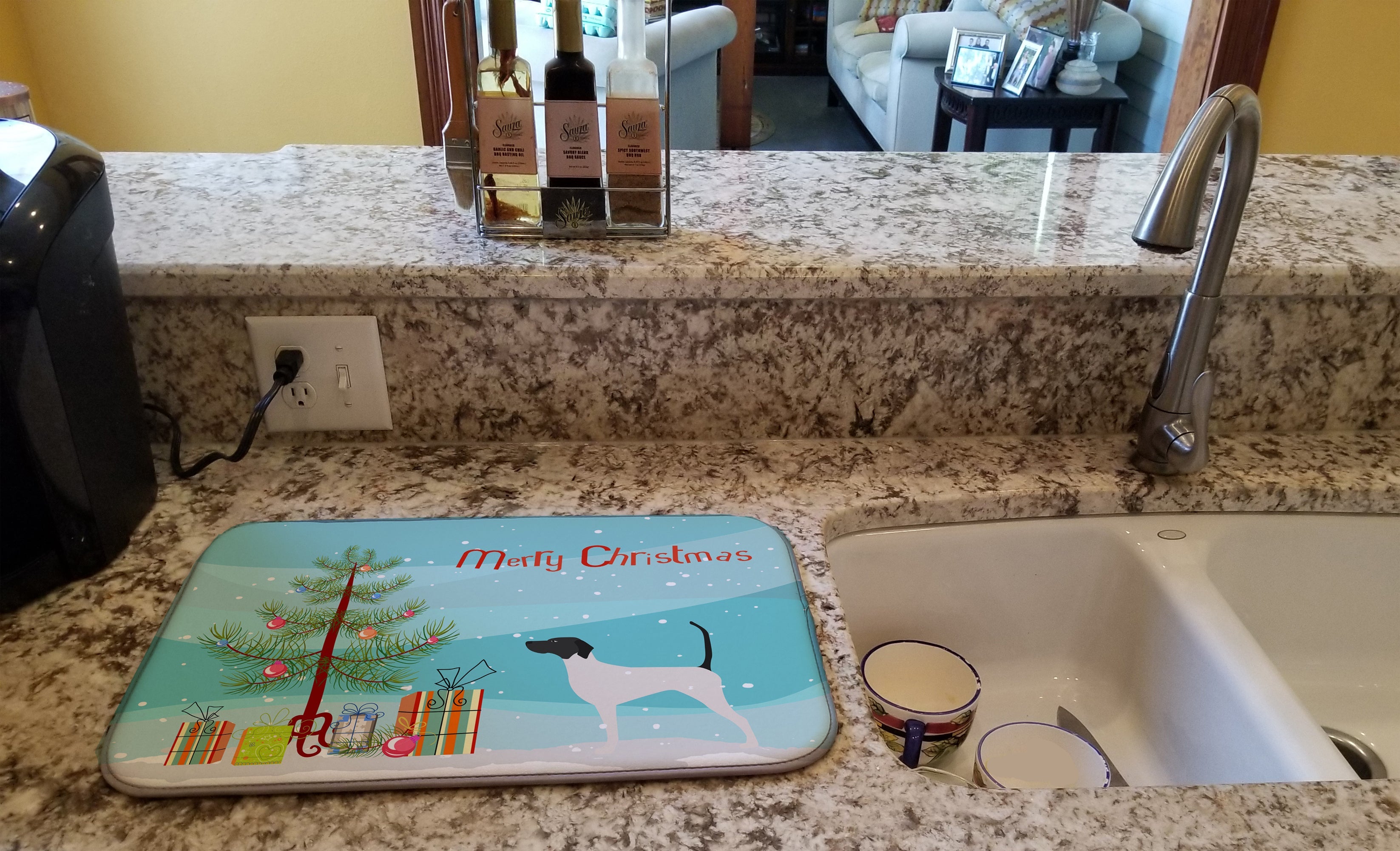 English Pointer Merry Christmas Tree Dish Drying Mat Absorbent Dish Drying Mat Pad for Kitchen Counter Dish Drainer Mat for Countertop, 14 x 21", Multicolor