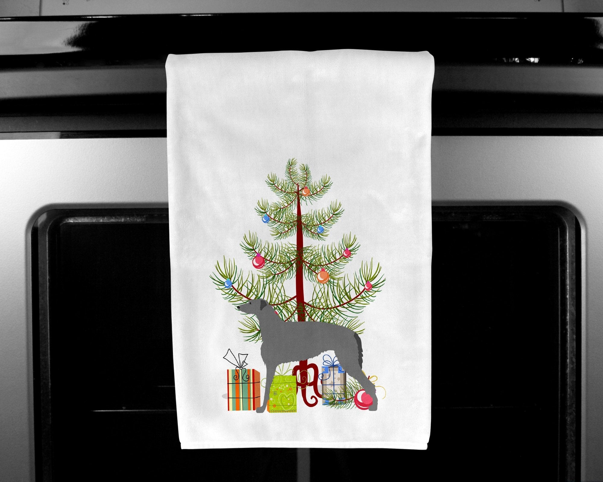 Scottish Deerhound Merry Christmas Tree Kitchen Towel Set of 2 White Dish Towels Decorative Bathroom Hand towel for Hand, Face, Hair, Yoga, Tea, Dishcloth, 19 X 28", White