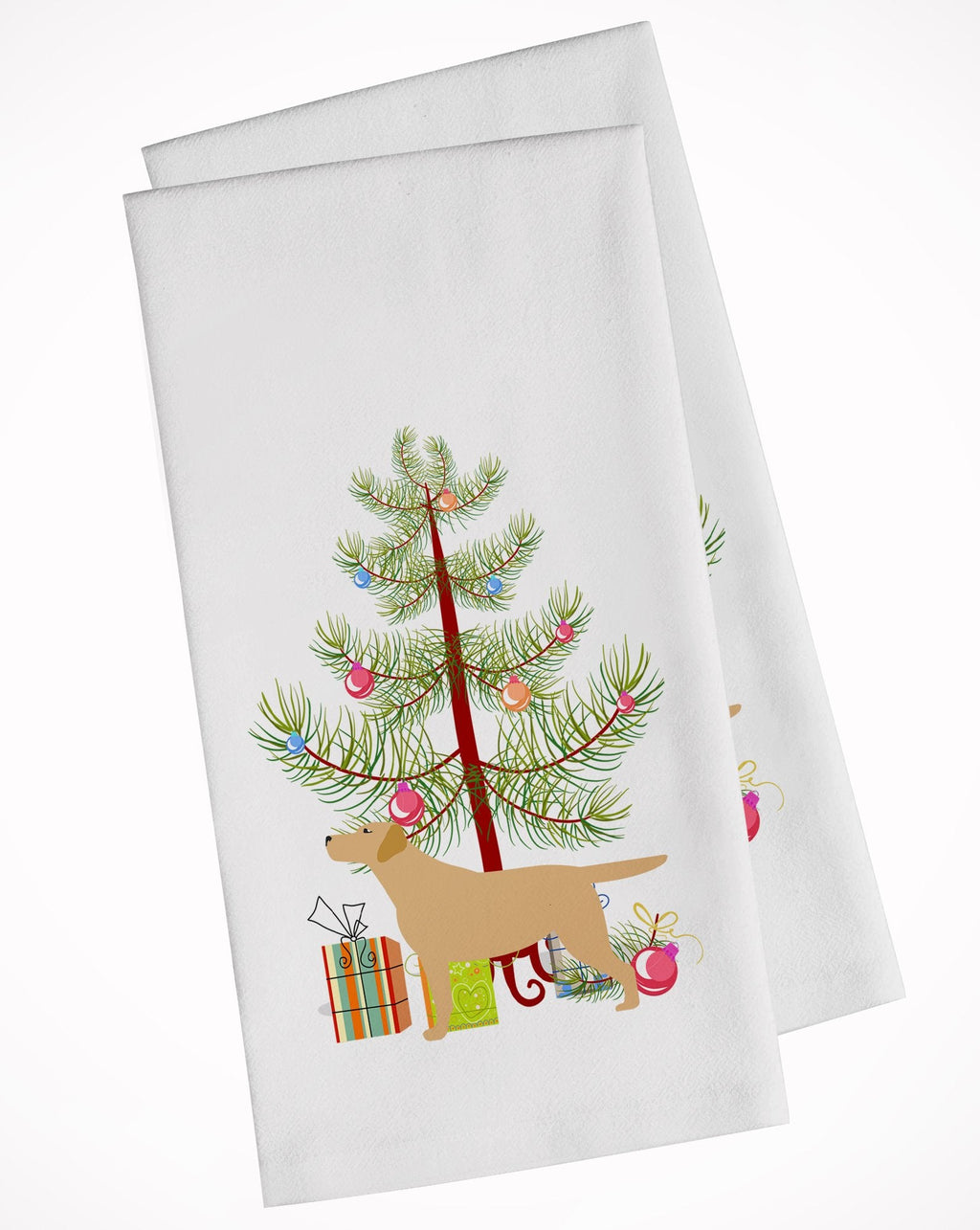 Yellow Labrador Retriever Merry Christmas Tree Kitchen Towel Set of 2 White Dish Towels Decorative Bathroom Hand towel for Hand, Face, Hair, Yoga, Tea, Dishcloth, 19 X 28", White