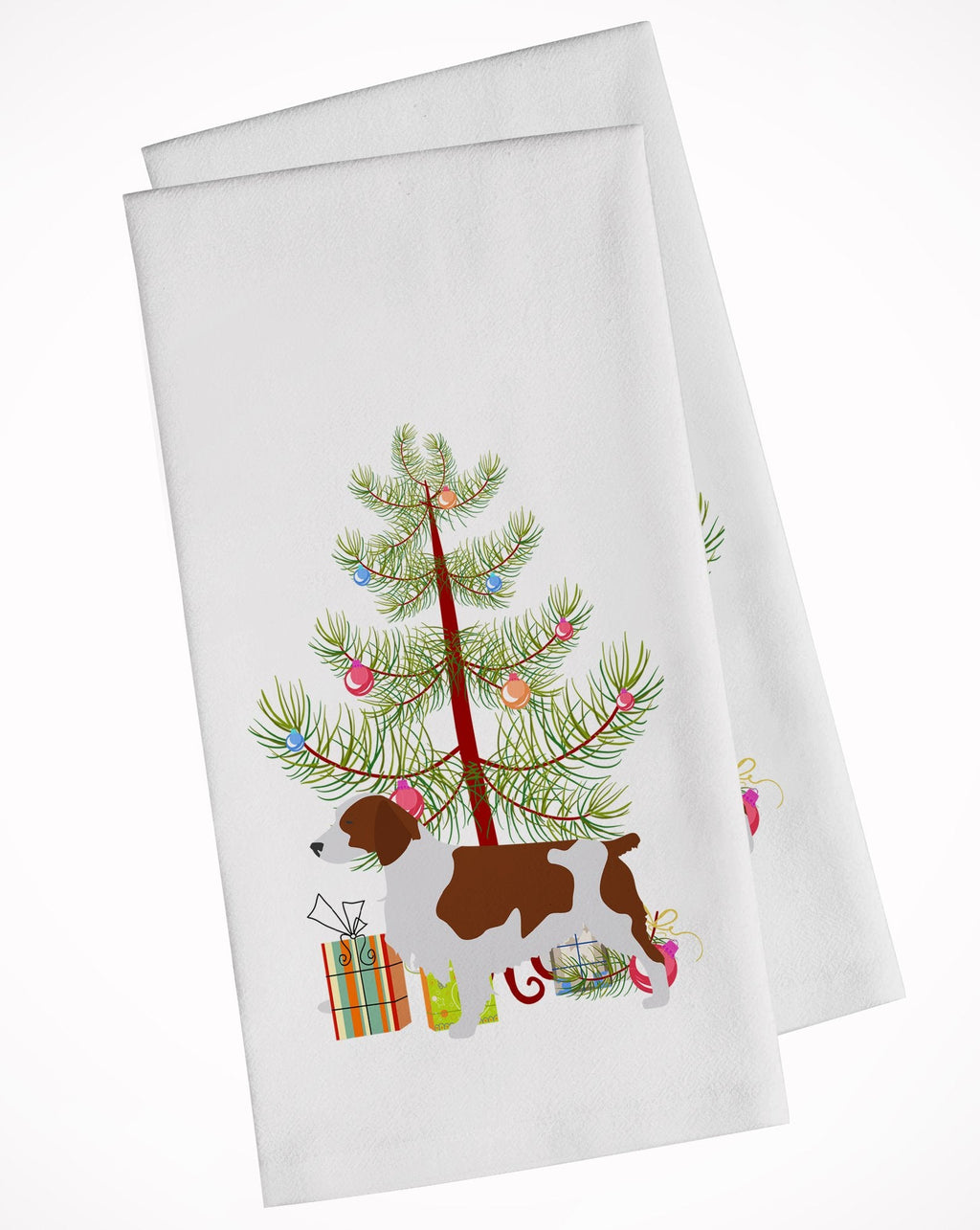 Welsh Springer Spaniel Merry Christmas Tree Kitchen Towel Set of 2 White Dish Towels Decorative Bathroom Hand towel for Hand, Face, Hair, Yoga, Tea, Dishcloth, 19 X 28", White