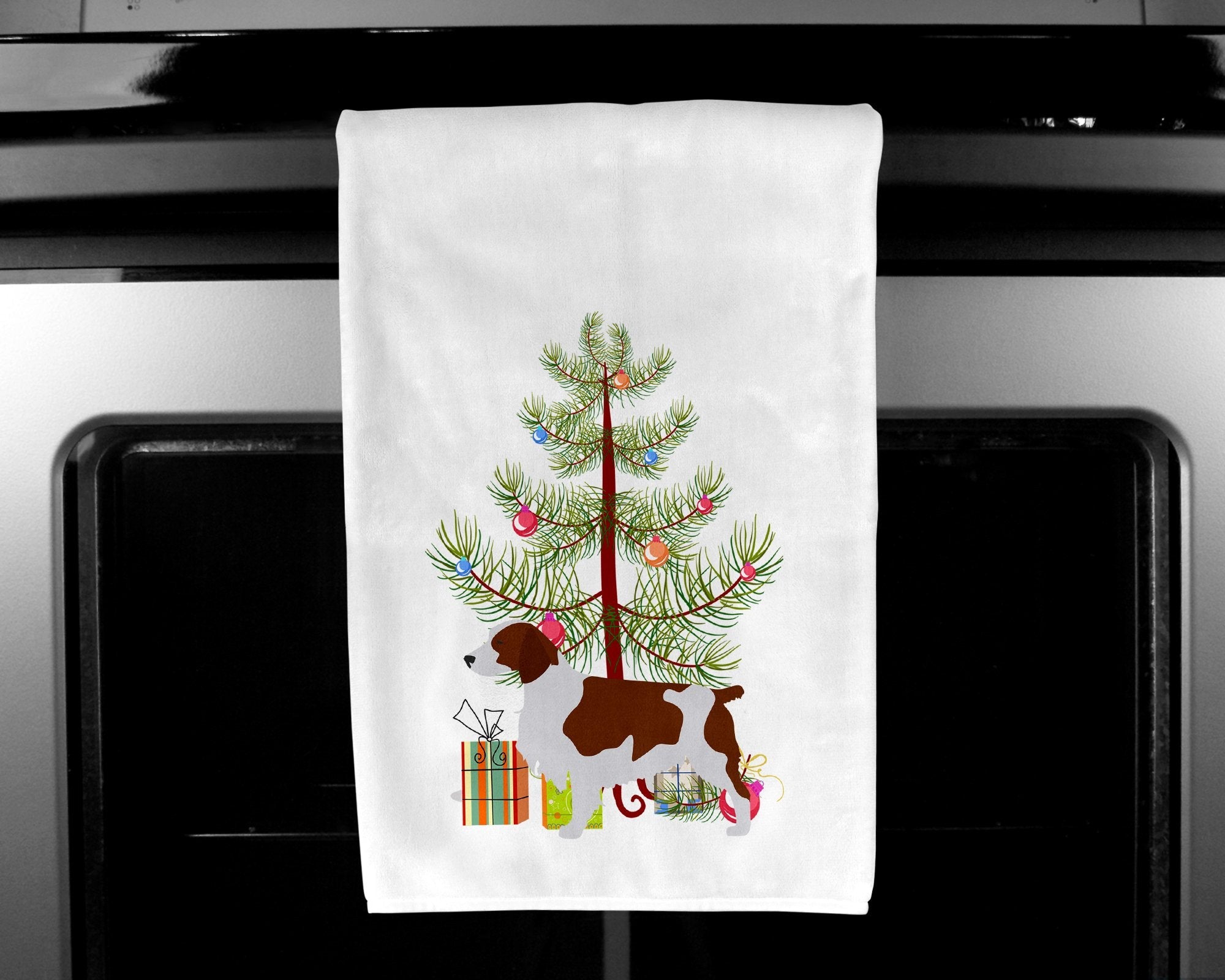 Welsh Springer Spaniel Merry Christmas Tree Kitchen Towel Set of 2 White Dish Towels Decorative Bathroom Hand towel for Hand, Face, Hair, Yoga, Tea, Dishcloth, 19 X 28", White