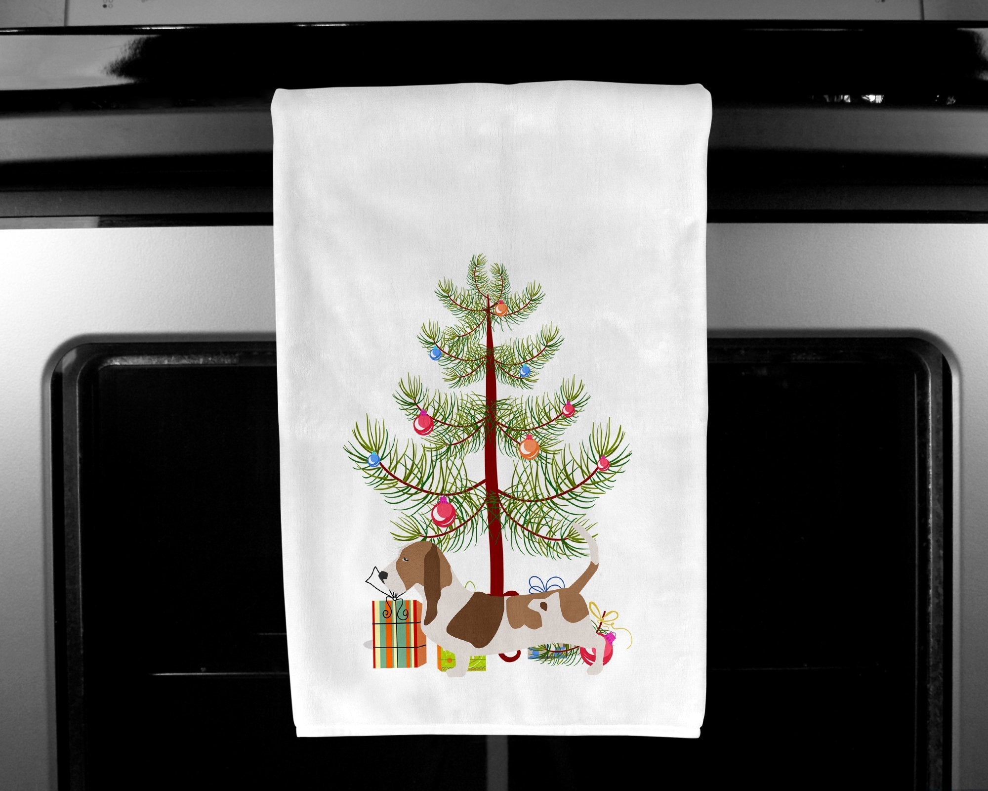 Basset Hound Merry Christmas Tree Kitchen Towel Set of 2 White Dish Towels Decorative Bathroom Hand towel for Hand, Face, Hair, Yoga, Tea, Dishcloth, 19 X 28", White