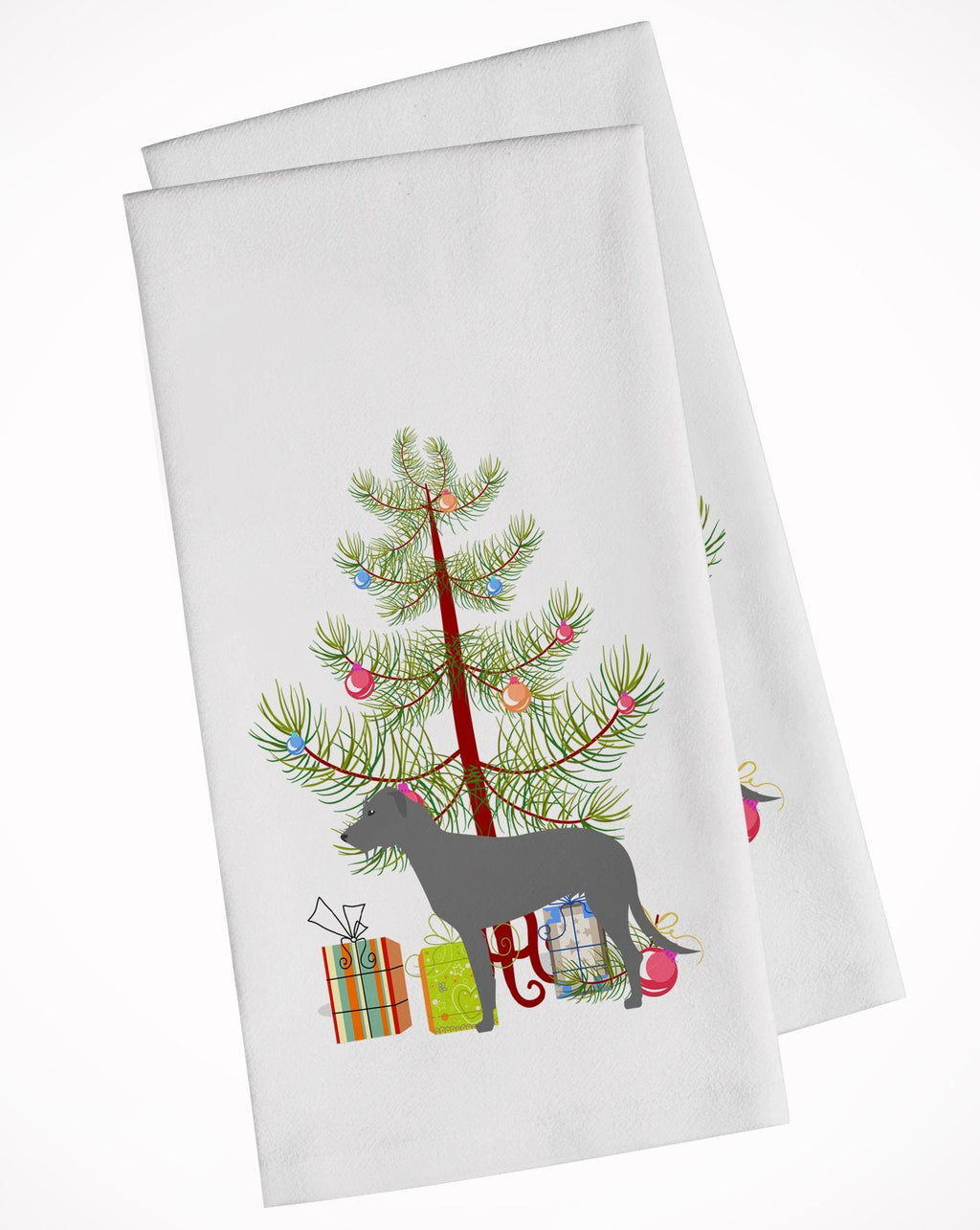 Irish Wolfhound Merry Christmas Tree Kitchen Towel Set of 2 White Dish Towels Decorative Bathroom Hand towel for Hand, Face, Hair, Yoga, Tea, Dishcloth, 19 X 28", White