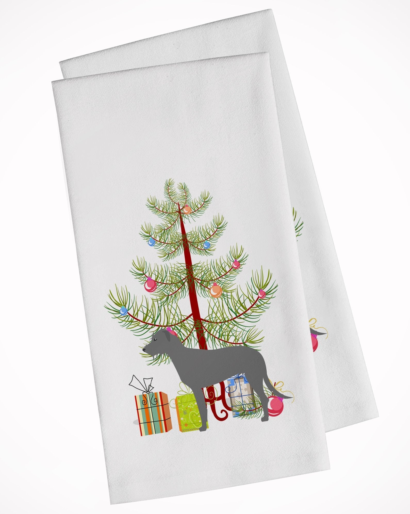 Irish Wolfhound Merry Christmas Tree Kitchen Towel Set of 2 White Dish Towels Decorative Bathroom Hand towel for Hand, Face, Hair, Yoga, Tea, Dishcloth, 19 X 28", White