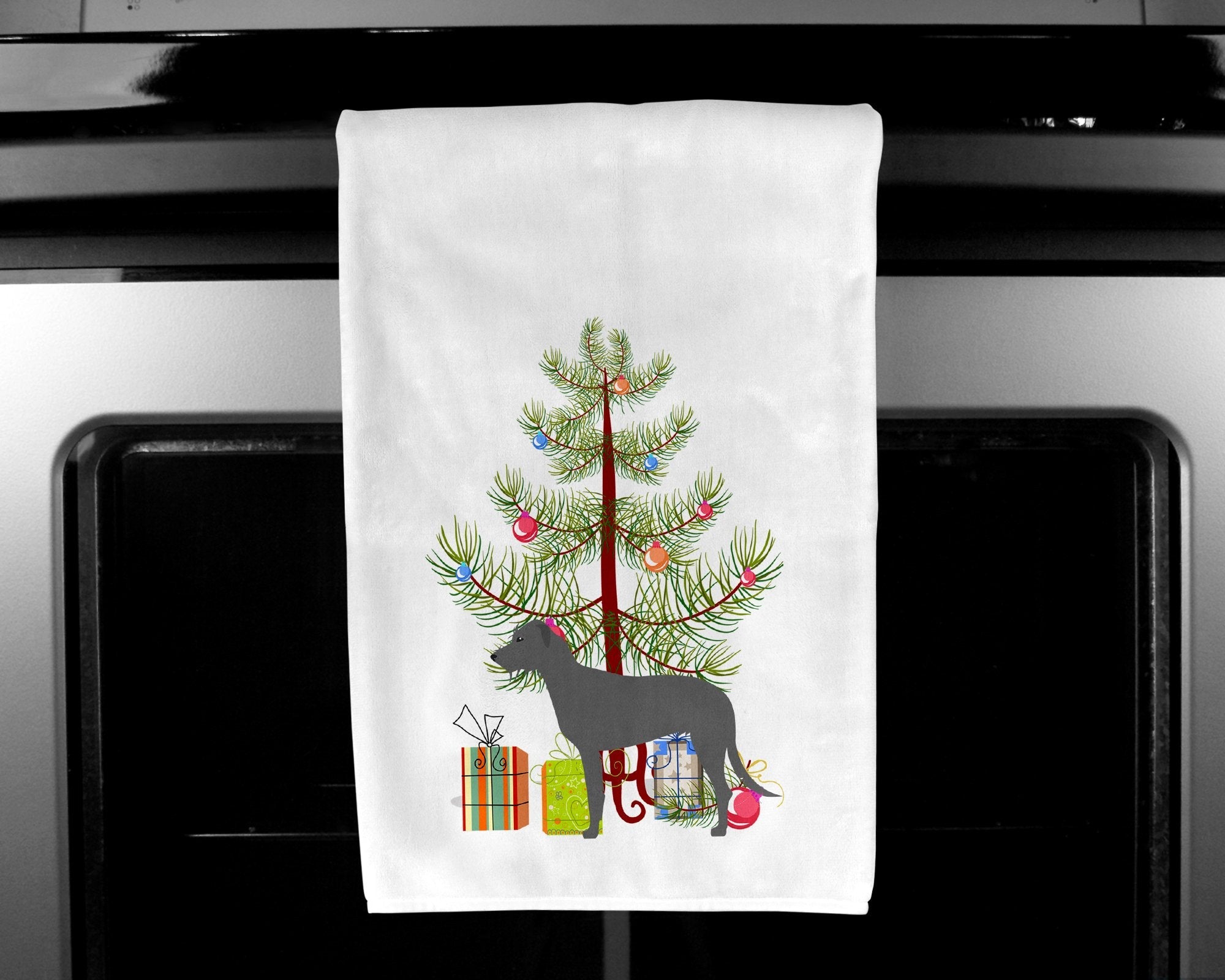 Irish Wolfhound Merry Christmas Tree Kitchen Towel Set of 2 White Dish Towels Decorative Bathroom Hand towel for Hand, Face, Hair, Yoga, Tea, Dishcloth, 19 X 28", White