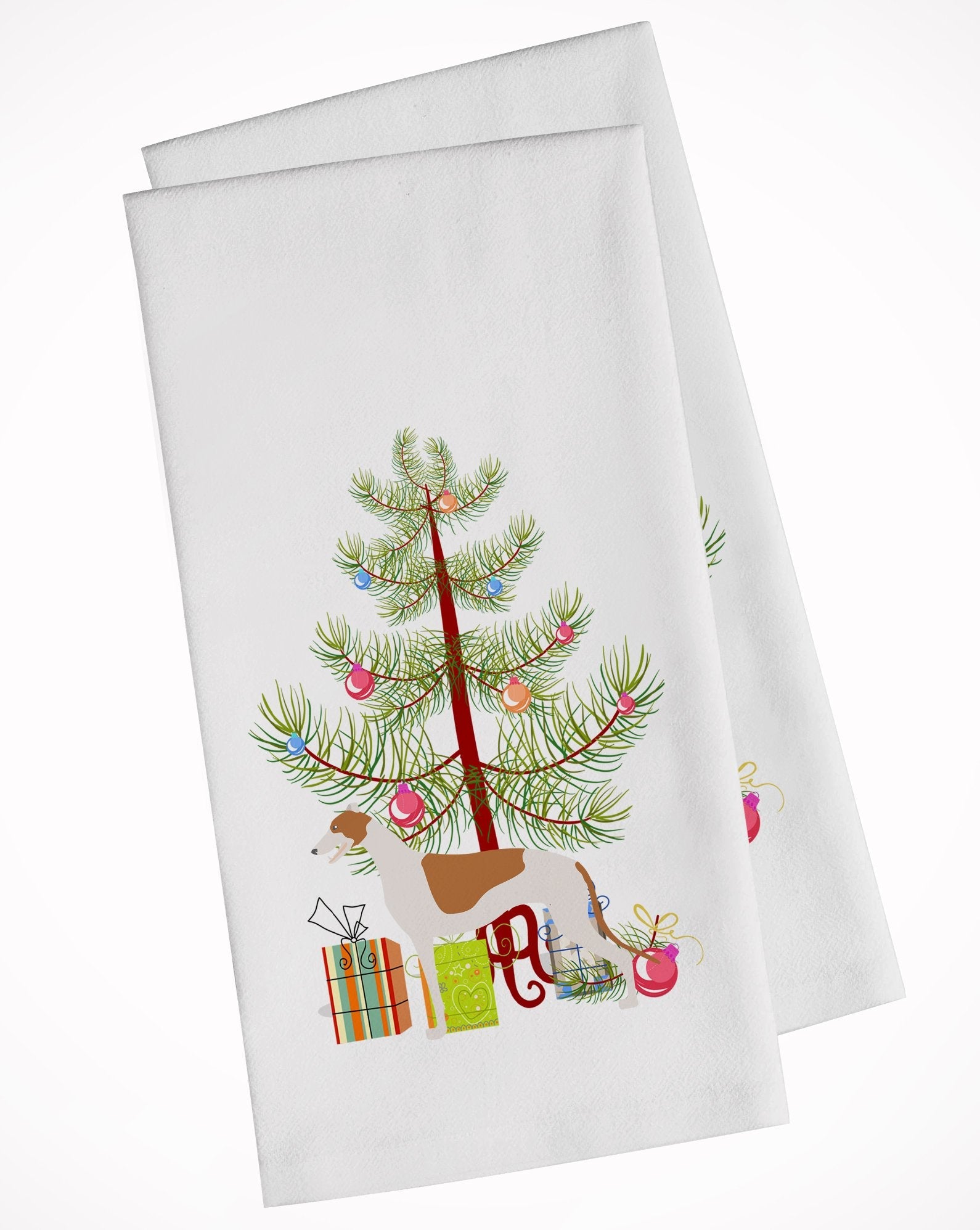 Greyhound Merry Christmas Tree Kitchen Towel Set of 2 White Dish Towels Decorative Bathroom Hand towel for Hand, Face, Hair, Yoga, Tea, Dishcloth, 19 X 28", White