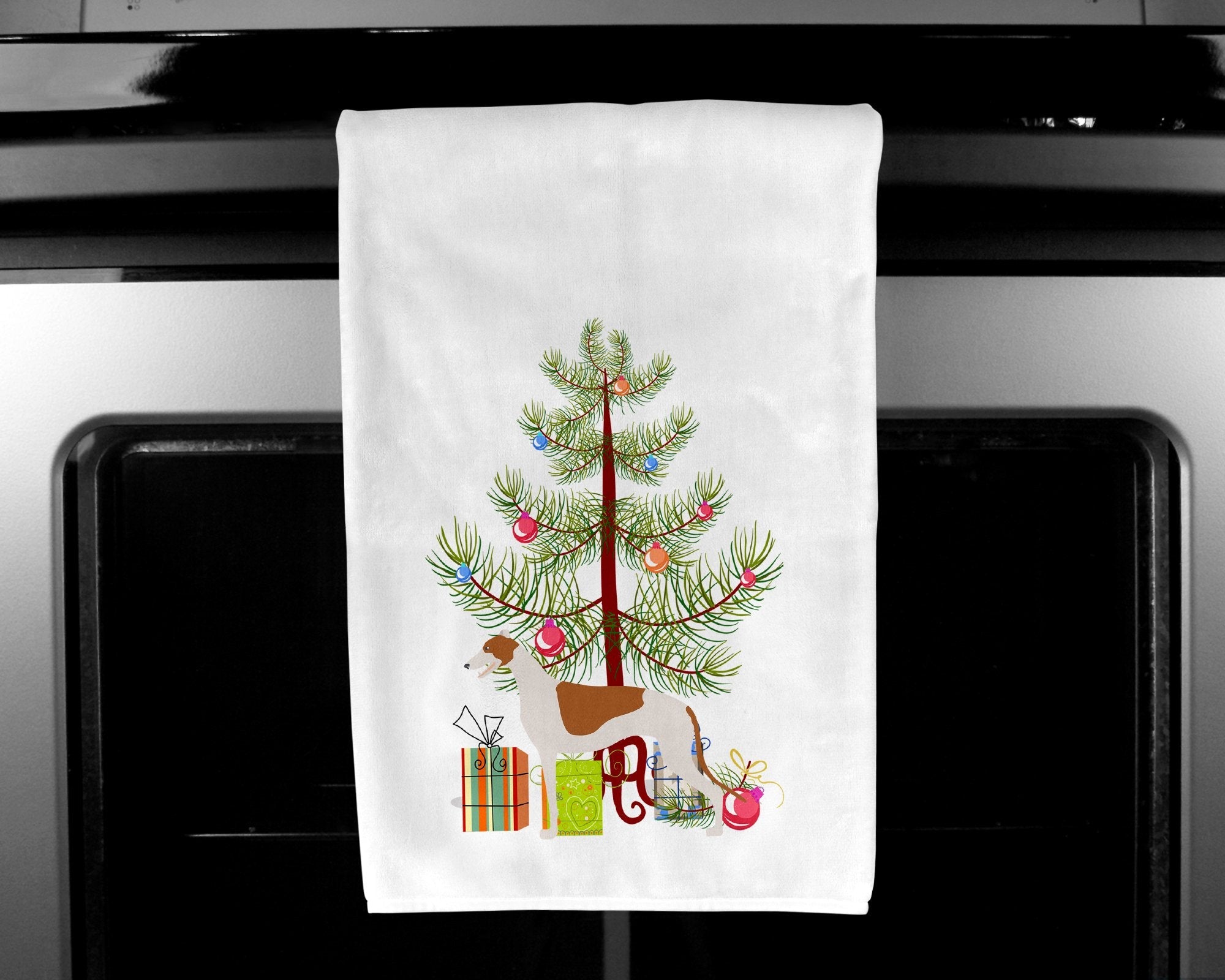Greyhound Merry Christmas Tree Kitchen Towel Set of 2 White Dish Towels Decorative Bathroom Hand towel for Hand, Face, Hair, Yoga, Tea, Dishcloth, 19 X 28", White