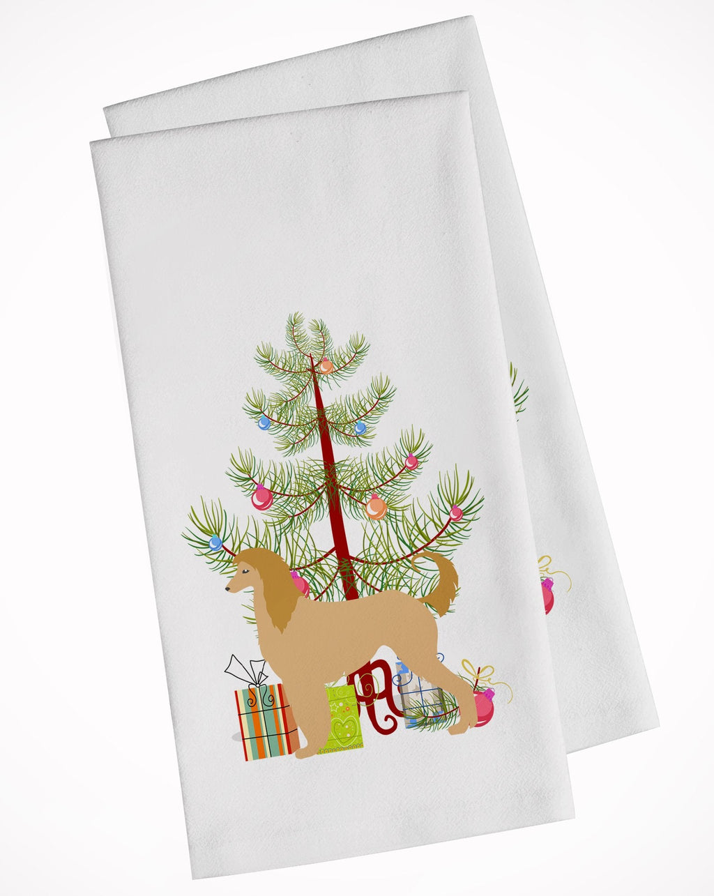 Afghan Hound Merry Christmas Tree Kitchen Towel Set of 2 White Dish Towels Decorative Bathroom Hand towel for Hand, Face, Hair, Yoga, Tea, Dishcloth, 19 X 28", White