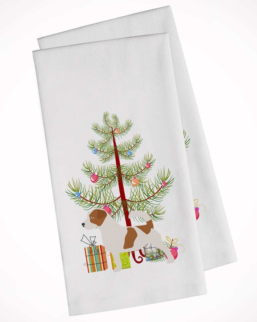 Jack Russell Terrier Merry Christmas Tree Kitchen Towel Set of 2 White Dish Towels Decorative Bathroom Hand towel for Hand, Face, Hair, Yoga, Tea, Dishcloth, 19 X 28", White