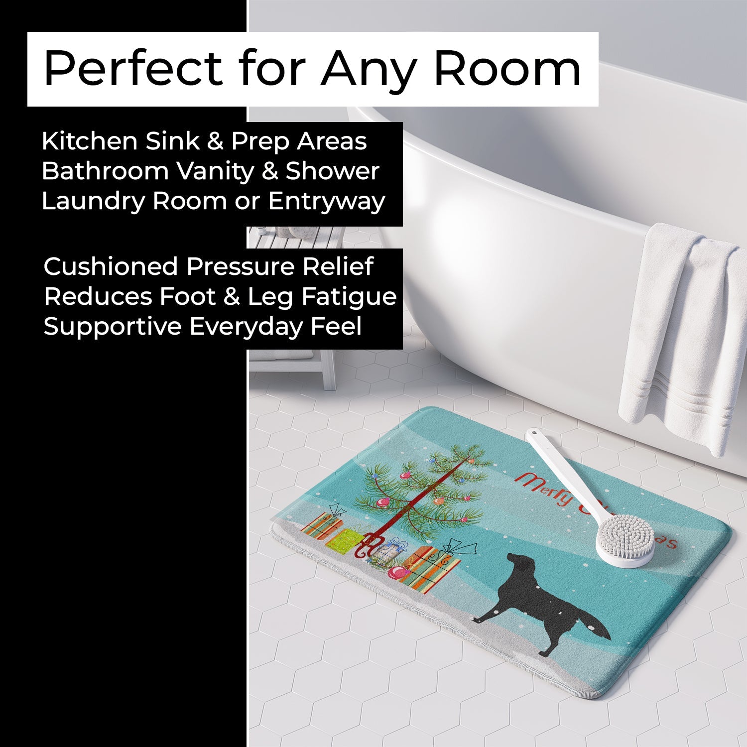 Black Labrador Retriever Merry Christmas Tree Memory Foam Kitchen Mat Machine Washable Anti-Fatigue Cushion Comfort Bath or Kitchen Rug