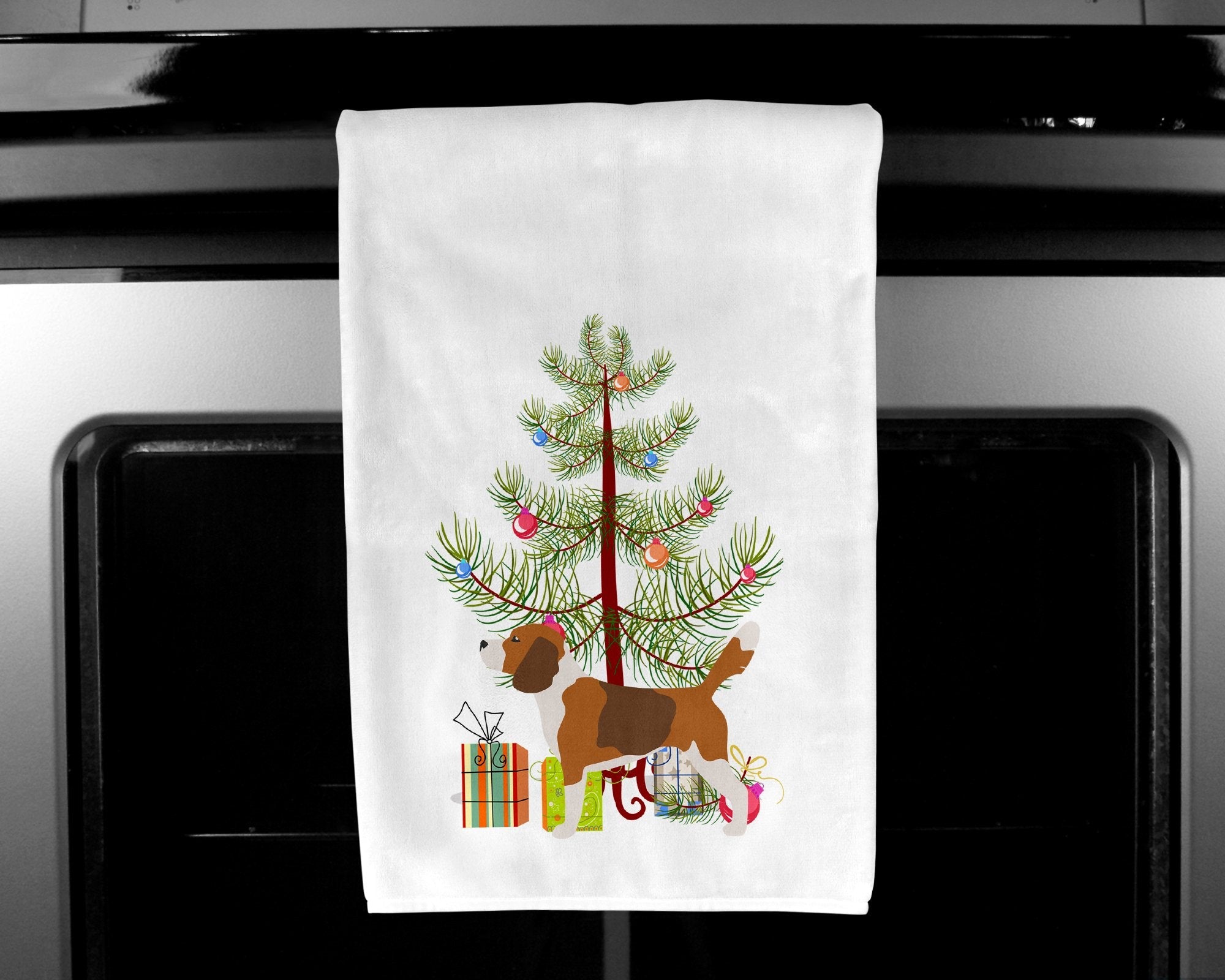 Beagle Merry Christmas Tree Kitchen Towel Set of 2 White Dish Towels Decorative Bathroom Hand towel for Hand, Face, Hair, Yoga, Tea, Dishcloth, 19 X 28", White