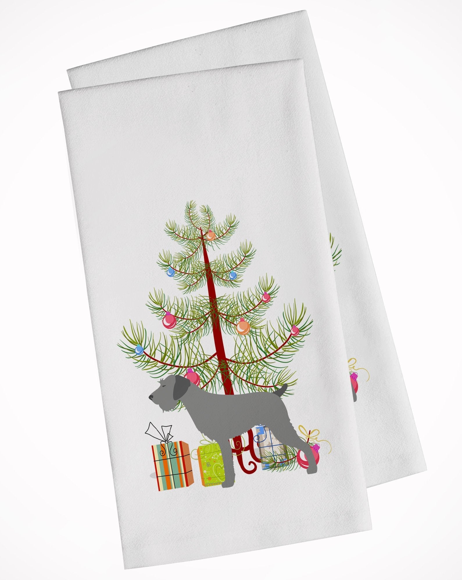 German Wirehaired Pointer Merry Christmas Tree Kitchen Towel Set of 2 White Dish Towels Decorative Bathroom Hand towel for Hand, Face, Hair, Yoga, Tea, Dishcloth, 19 X 28", White