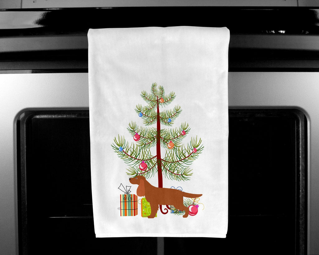 English Cocker Spaniel Merry Christmas Tree Kitchen Towel Set of 2 White Dish Towels Decorative Bathroom Hand towel for Hand, Face, Hair, Yoga, Tea, Dishcloth, 19 X 28", White
