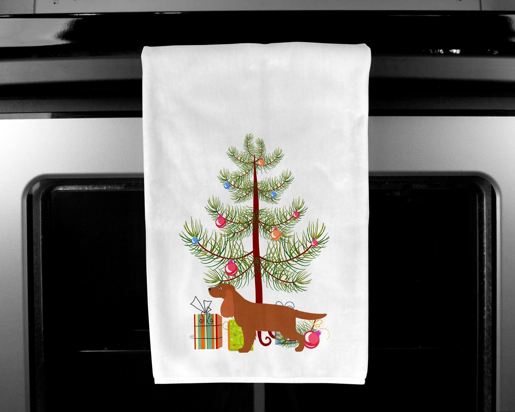 English Cocker Spaniel Merry Christmas Tree Kitchen Towel Set of 2 White Dish Towels Decorative Bathroom Hand towel for Hand, Face, Hair, Yoga, Tea, Dishcloth, 19 X 28", White