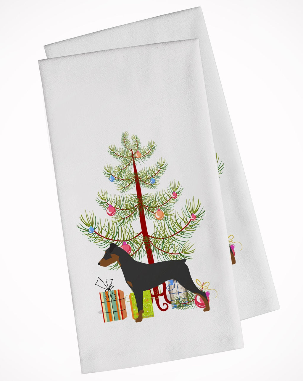 German Pinscher Merry Christmas Tree Kitchen Towel Set of 2 White Dish Towels Decorative Bathroom Hand towel for Hand, Face, Hair, Yoga, Tea, Dishcloth, 19 X 28", White