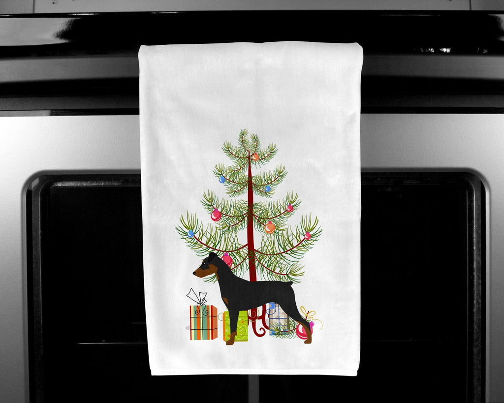 German Pinscher Merry Christmas Tree Kitchen Towel Set of 2 White Dish Towels Decorative Bathroom Hand towel for Hand, Face, Hair, Yoga, Tea, Dishcloth, 19 X 28", White